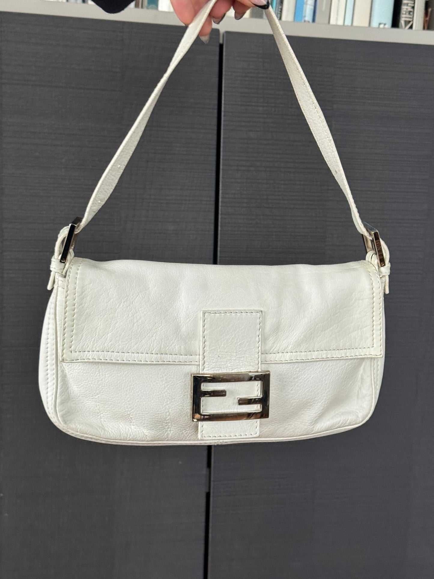 Vintage Fendi White Leather Baguette with Light Gold Hardware