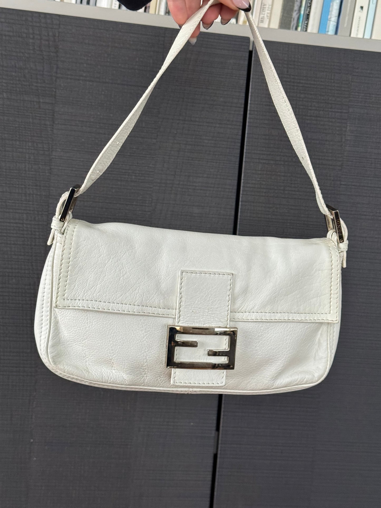 Vintage Fendi White Leather Baguette with Light Gold Hardware