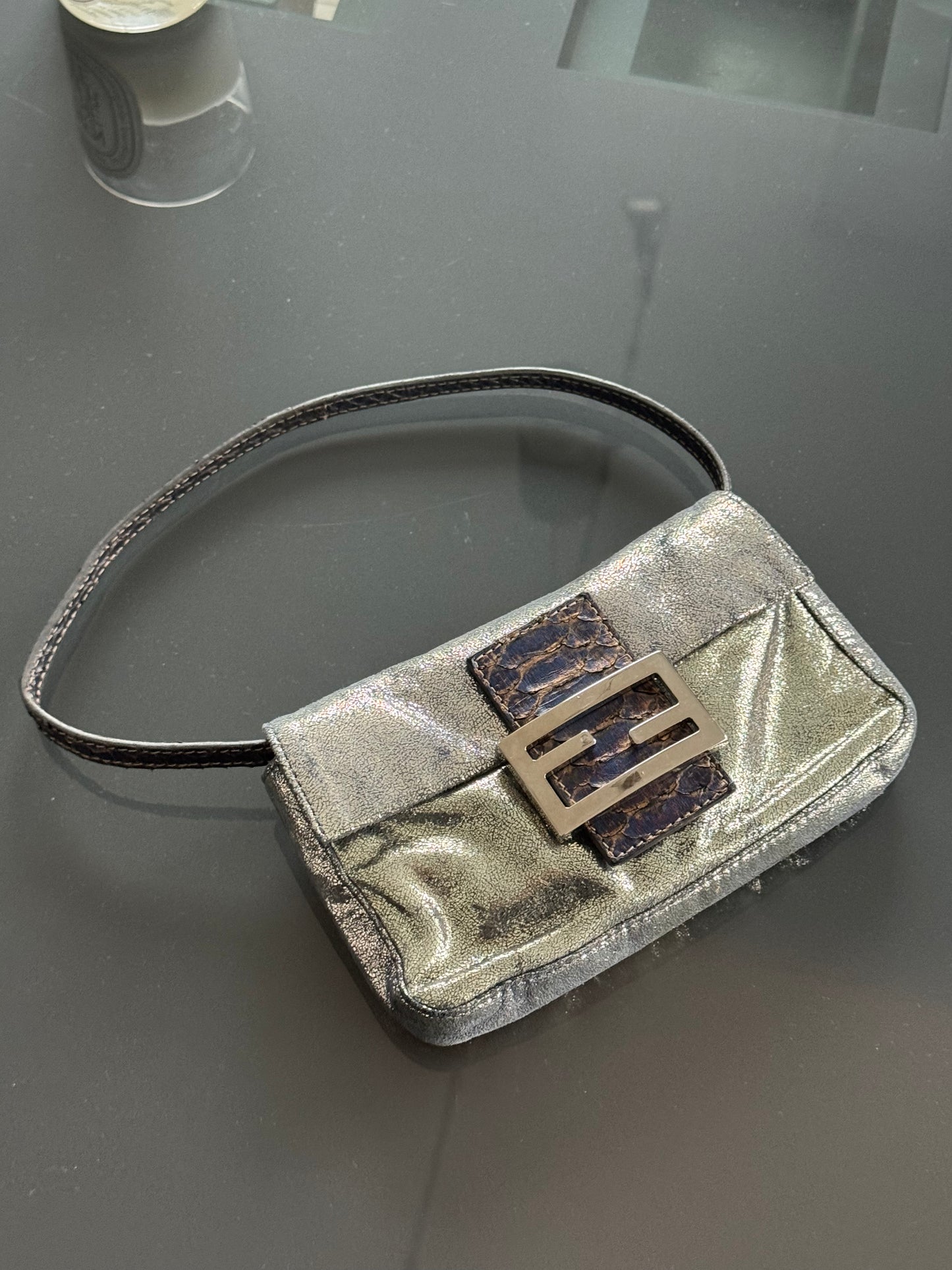 Vintage Fendi Glitter Mini Baguette with Python Trim