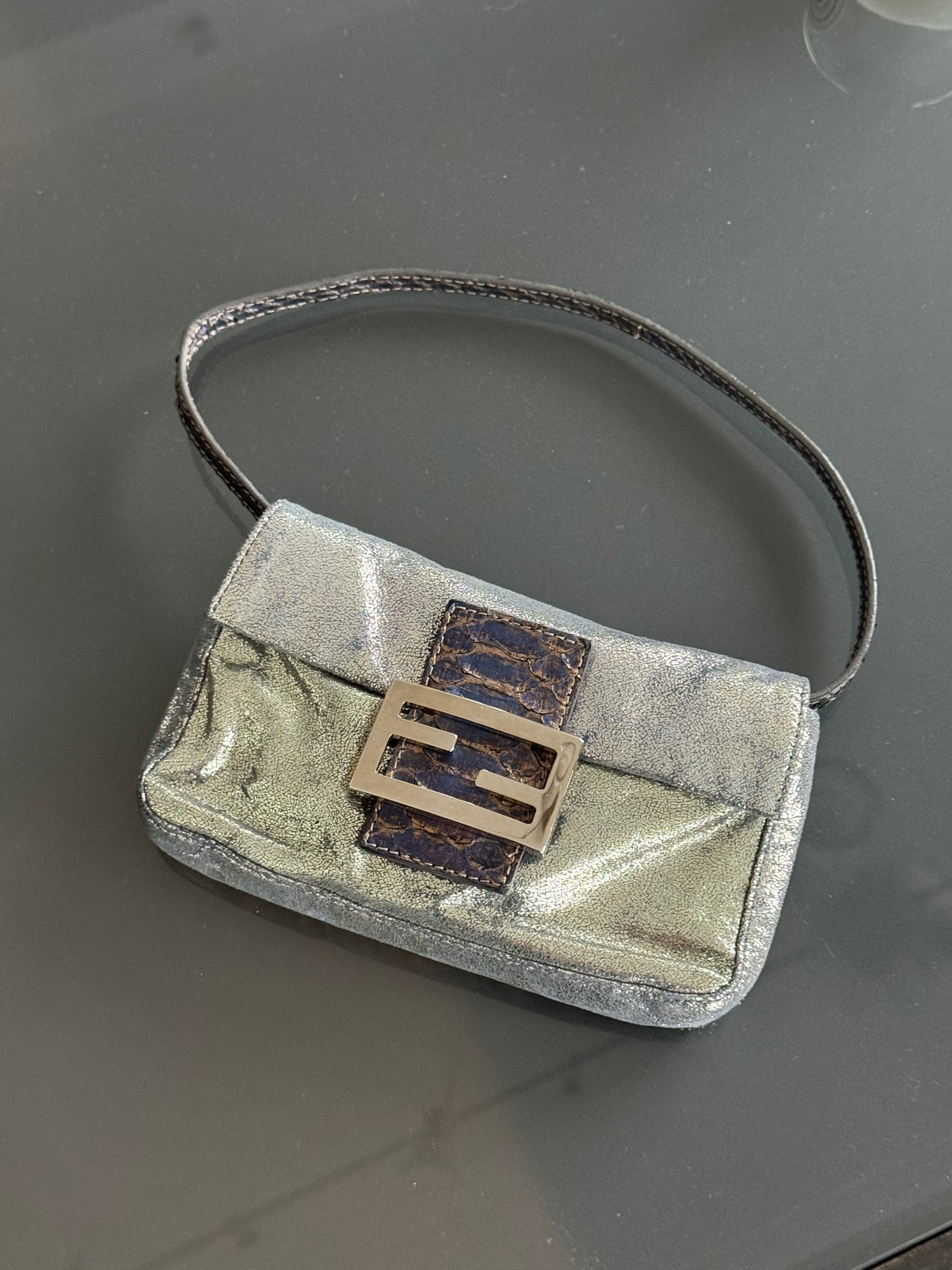 Vintage Fendi Glitter Mini Baguette with Python Trim