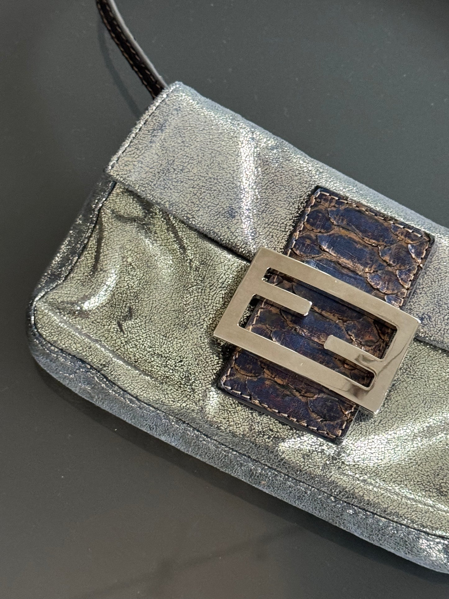 Vintage Fendi Glitter Mini Baguette with Python Trim