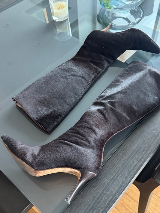 Manolo Blahnik Dark Brown Calf Hair Boots ~36