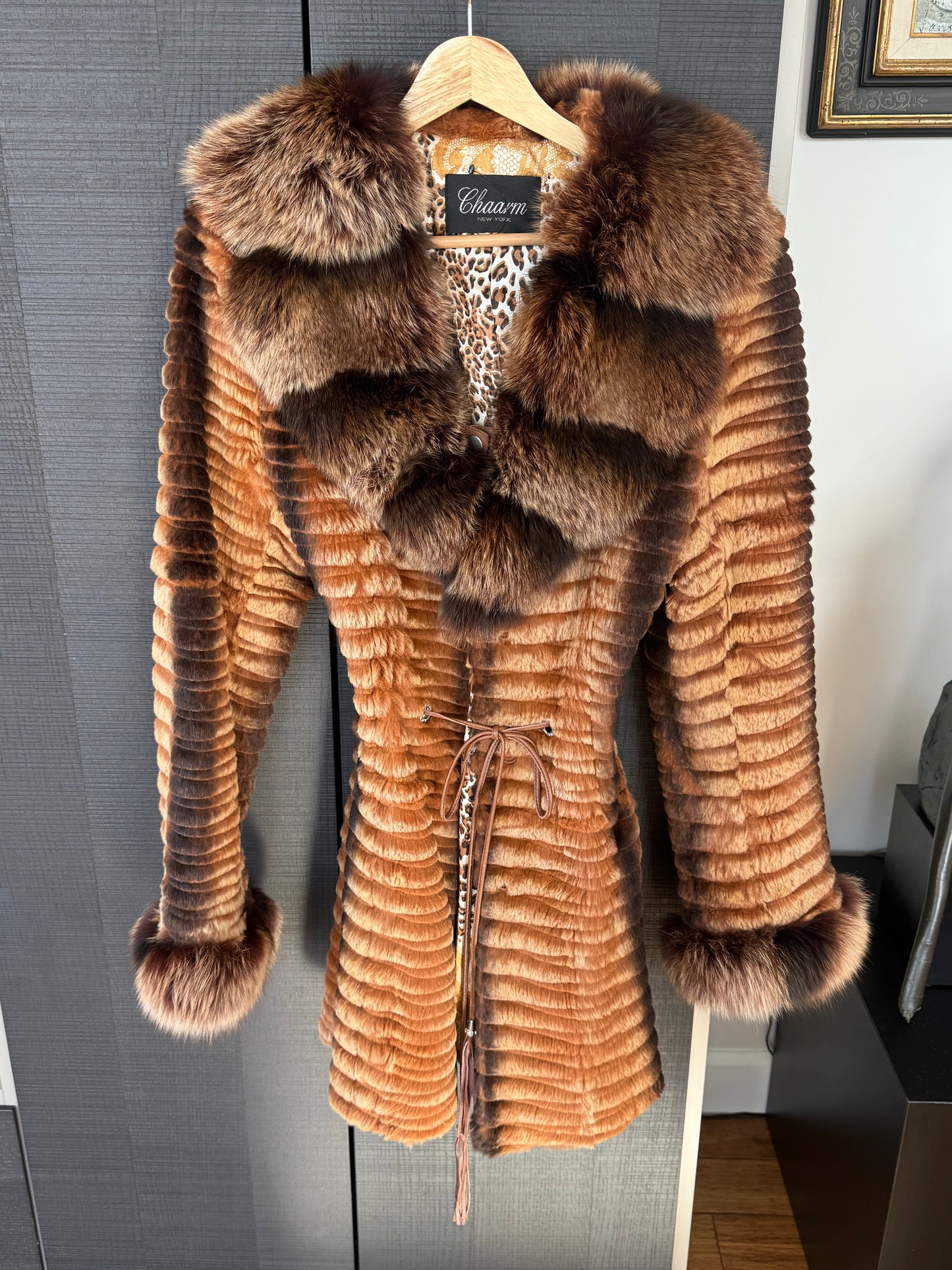 100% Fur Ribbed Jacket with Fox Collar