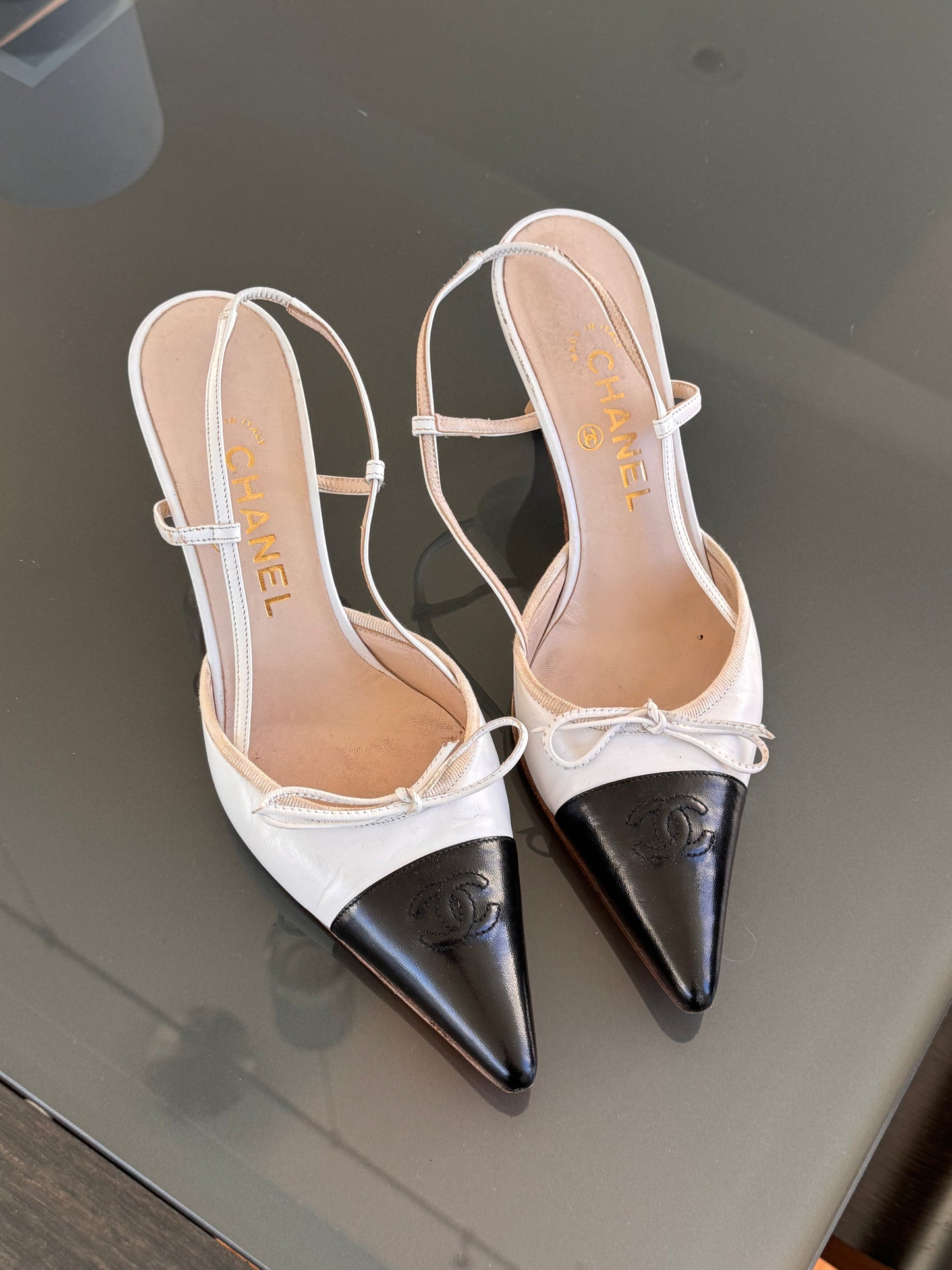 Vintage Chanel Black/White Leather CC Slingback Heels ~38