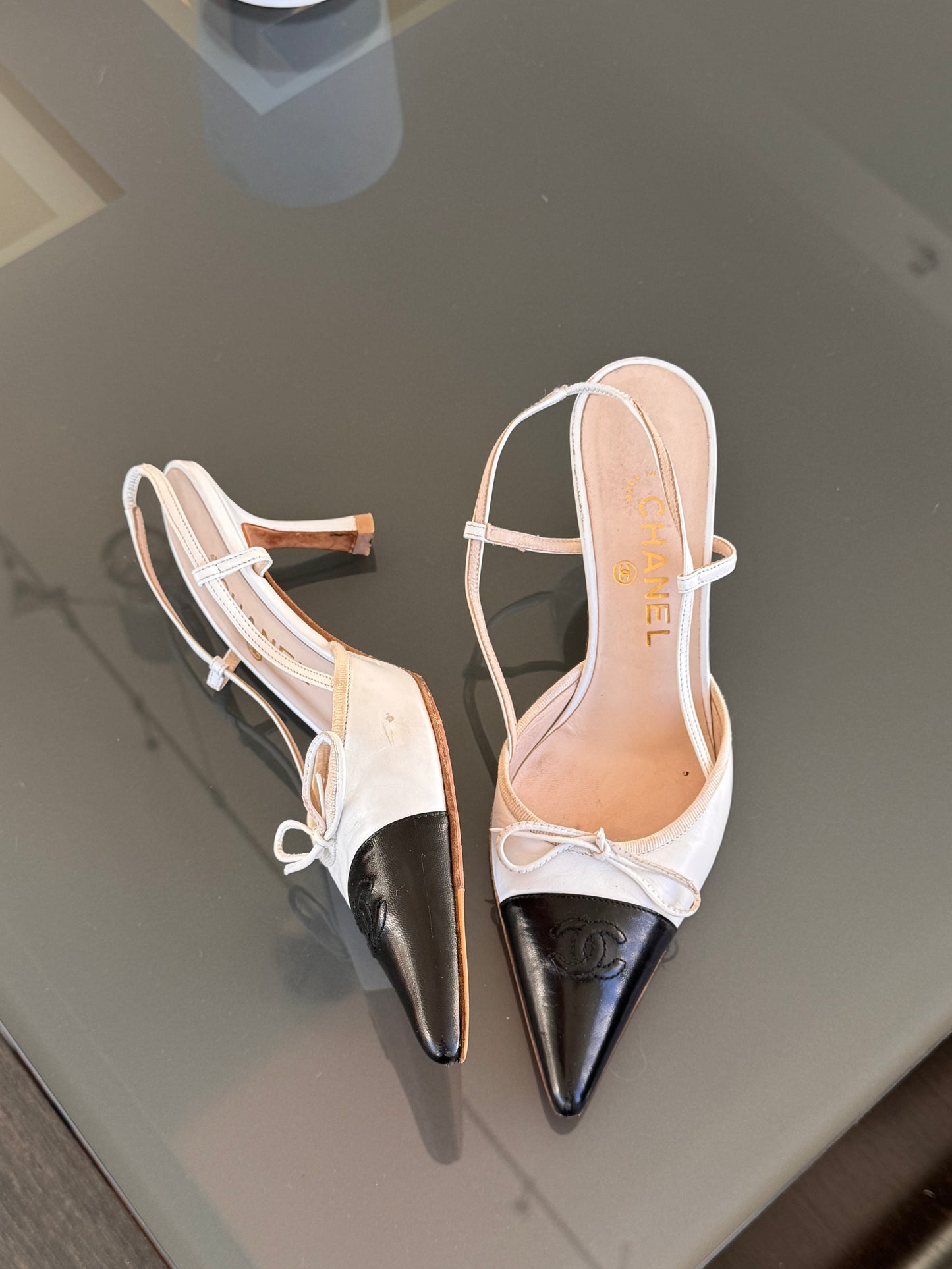 Vintage Chanel Black/White Leather CC Slingback Heels ~38