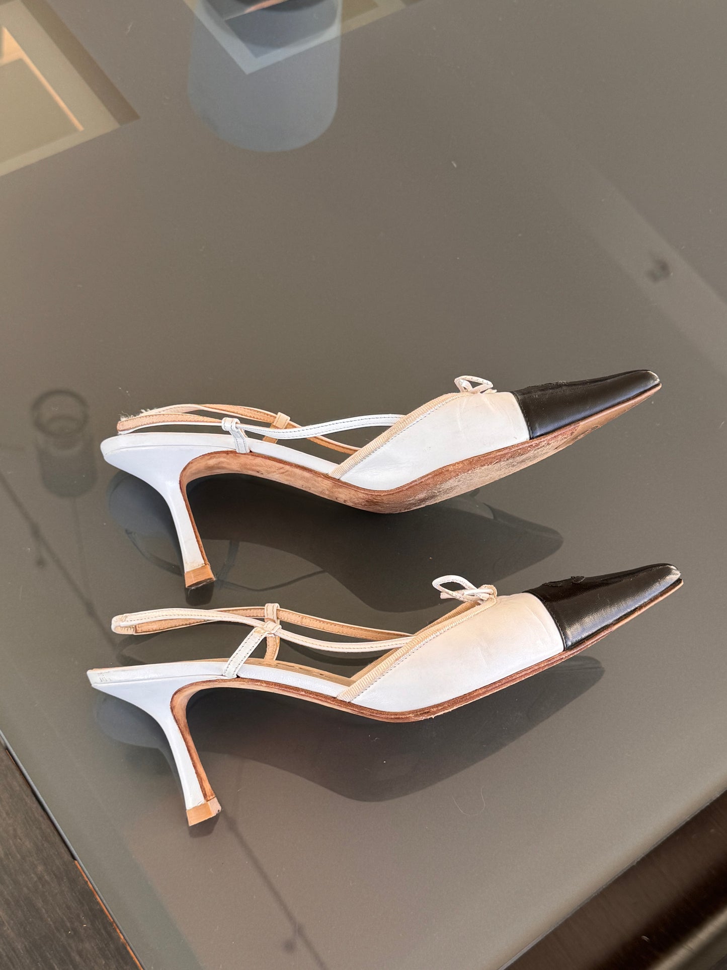 Vintage Chanel Black/White Leather CC Slingback Heels ~38