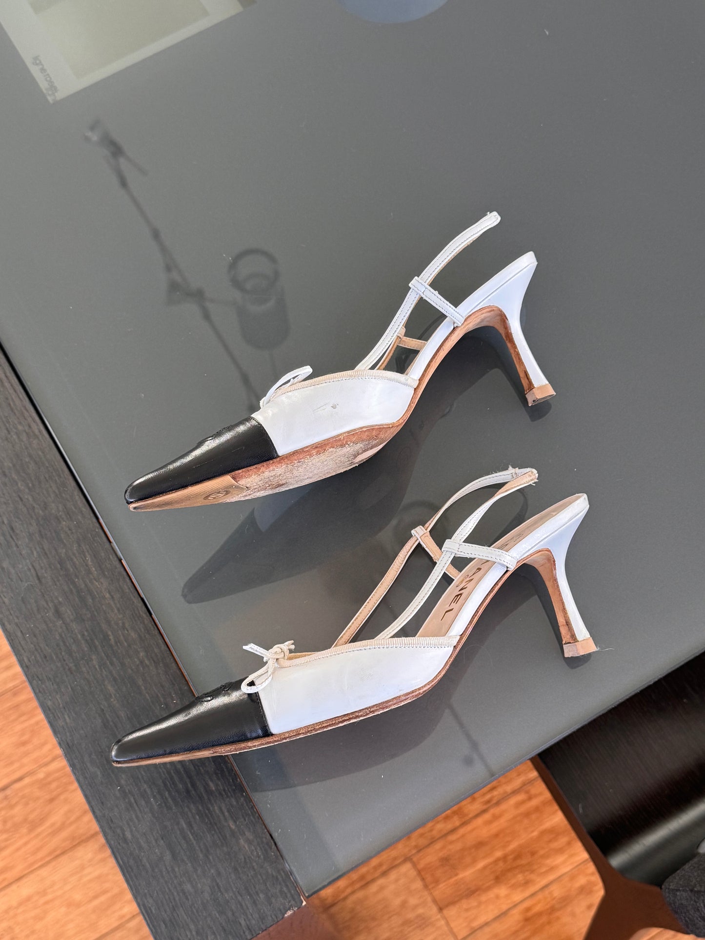 Vintage Chanel Black/White Leather CC Slingback Heels ~38