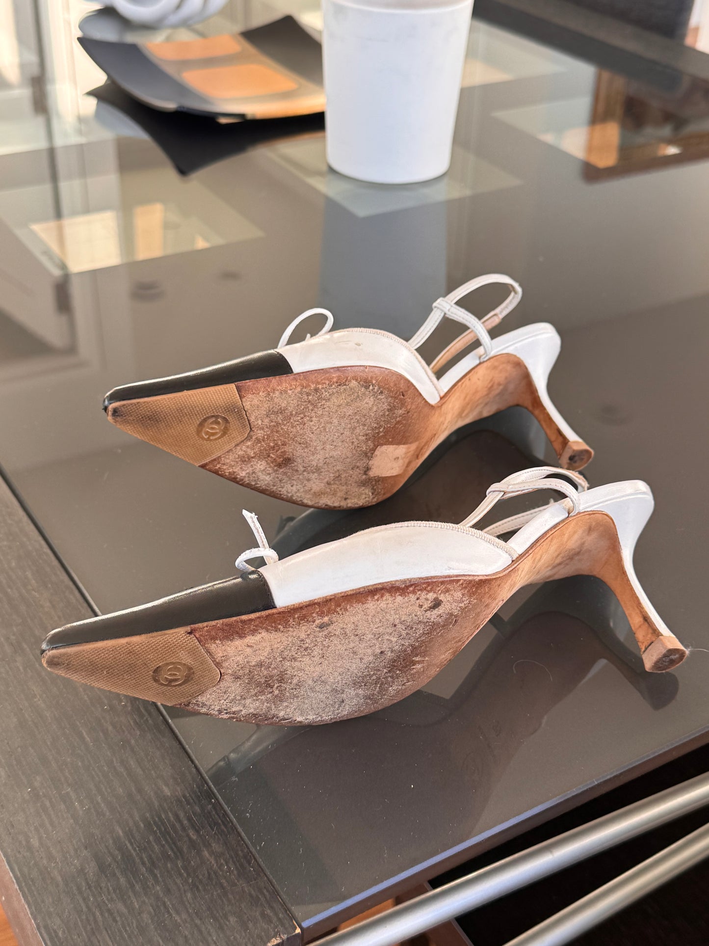 Vintage Chanel Black/White Leather CC Slingback Heels ~38