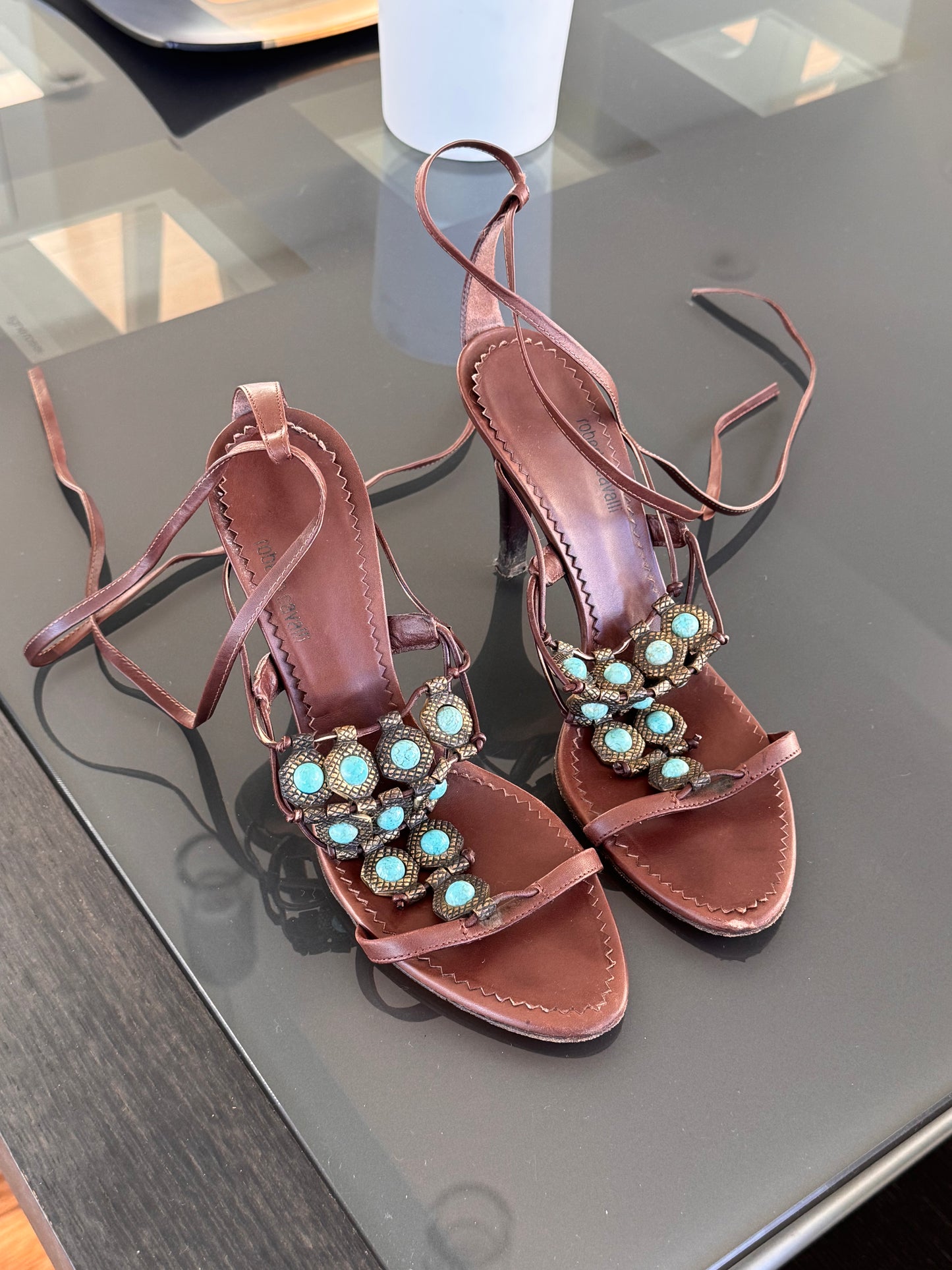 Vintage Roberto Cavalli Turquoise Embellished Leather Lace-Up Heels 38