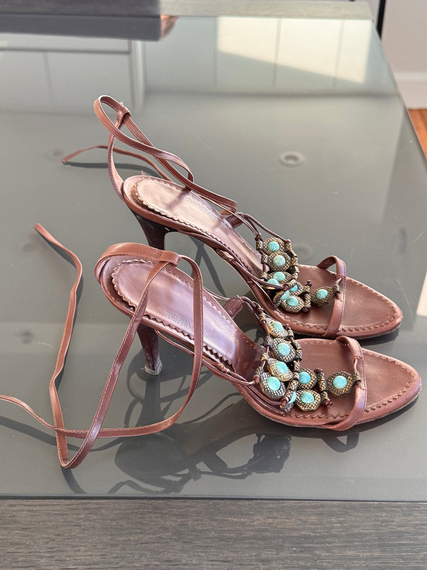 Vintage Roberto Cavalli Turquoise Embellished Leather Lace-Up Heels 38