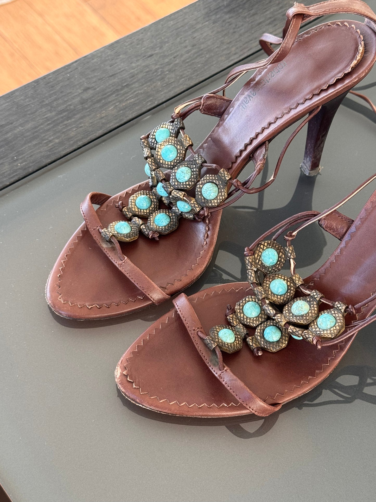 Vintage Roberto Cavalli Turquoise Embellished Leather Lace-Up Heels 38