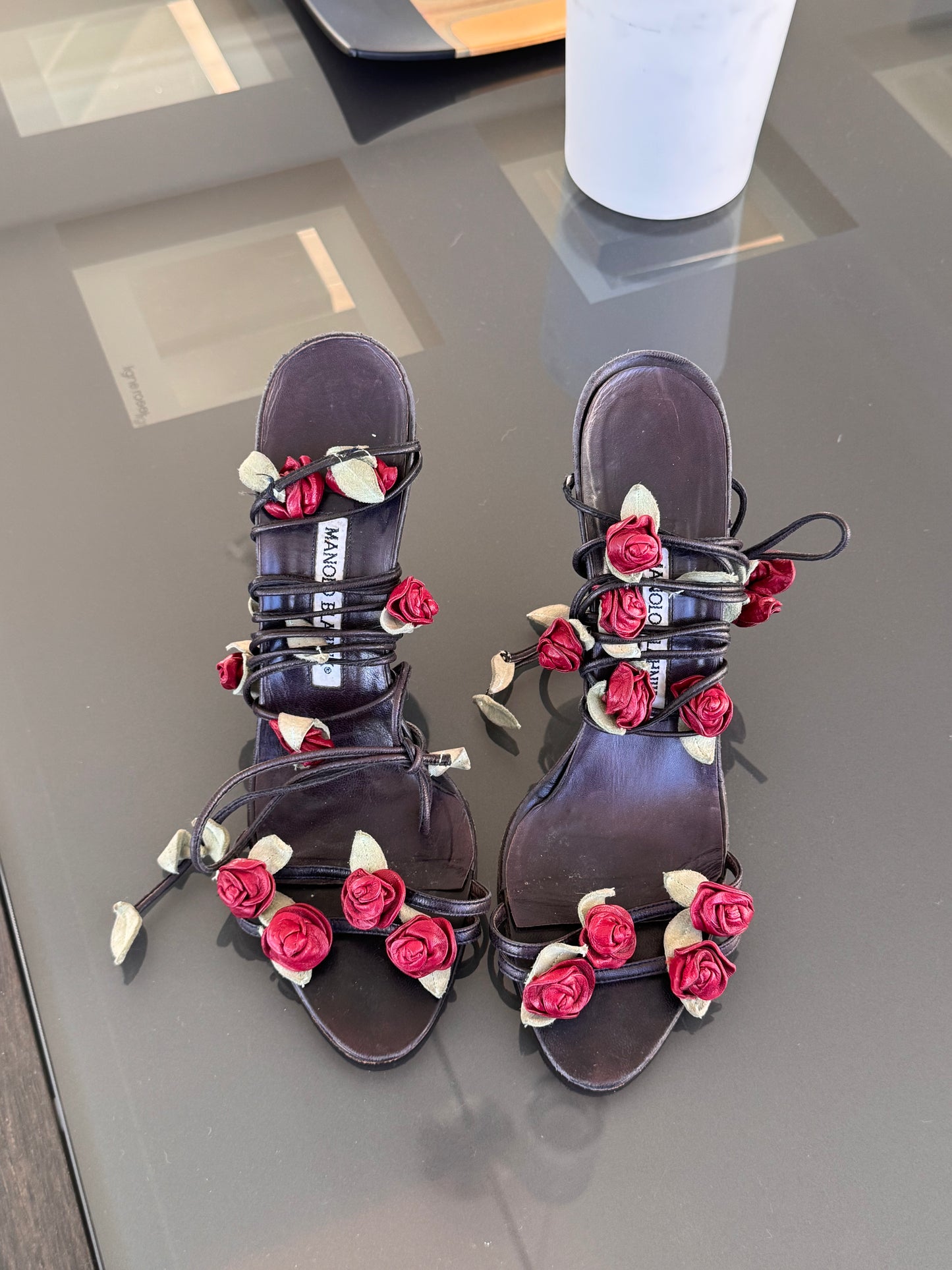 Manolo Blahnik Rose Lace-Up Sandal Heels ~39.5