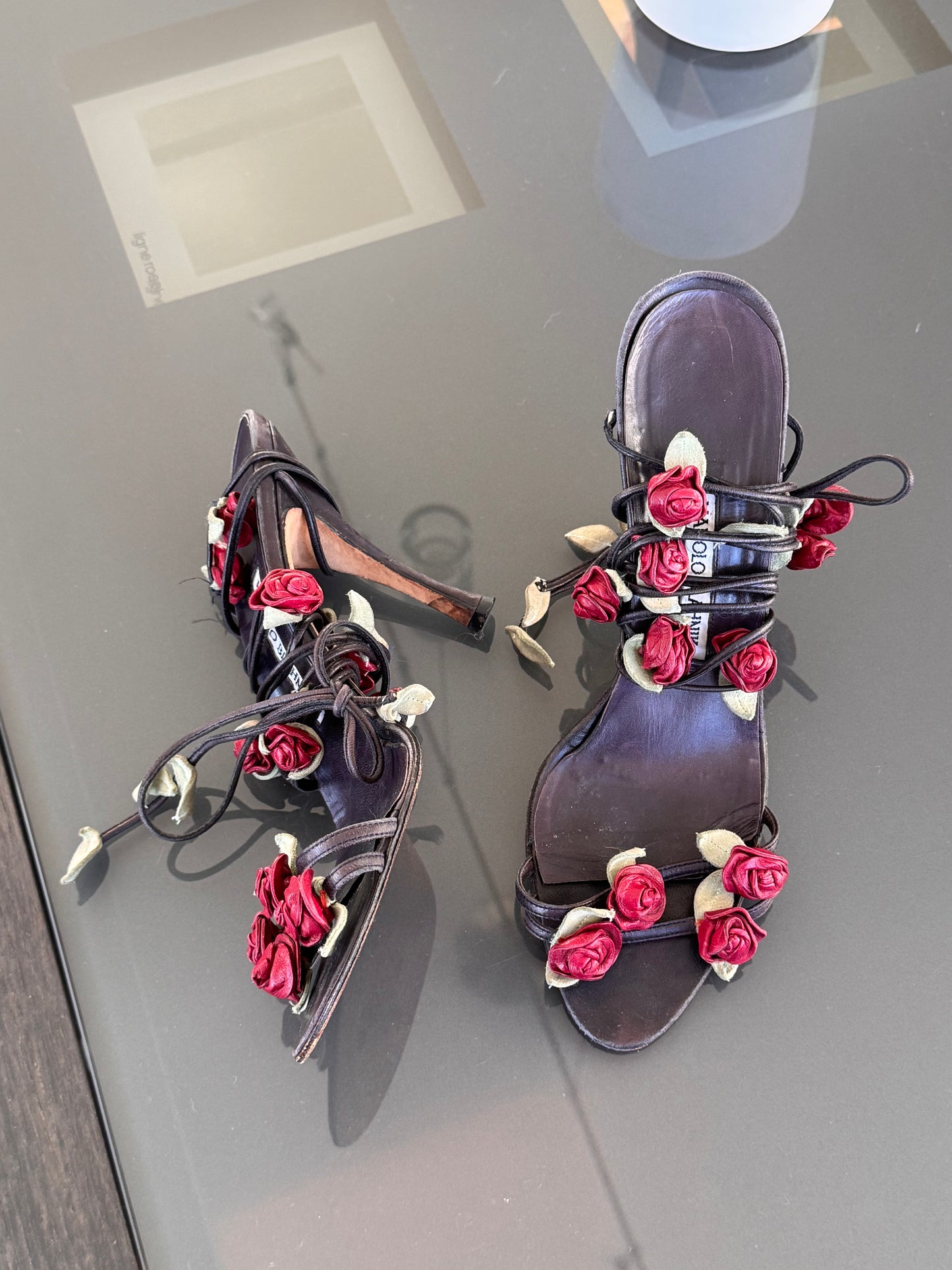 Manolo Blahnik Rose Lace-Up Sandal Heels ~39.5