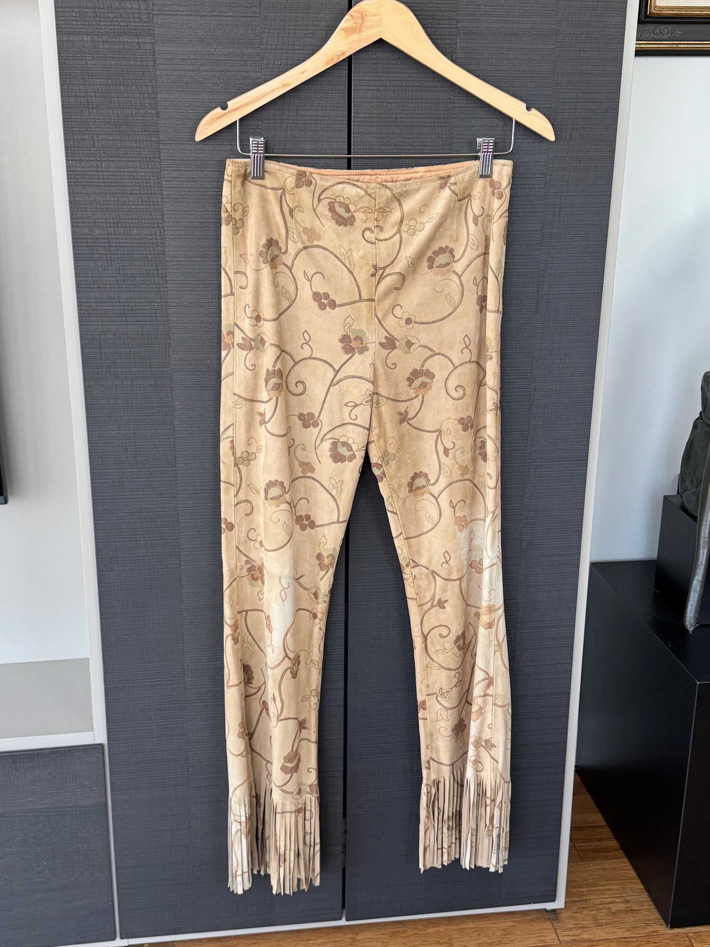 Vintage 1990s Escada Floral Suede Fringe Pants