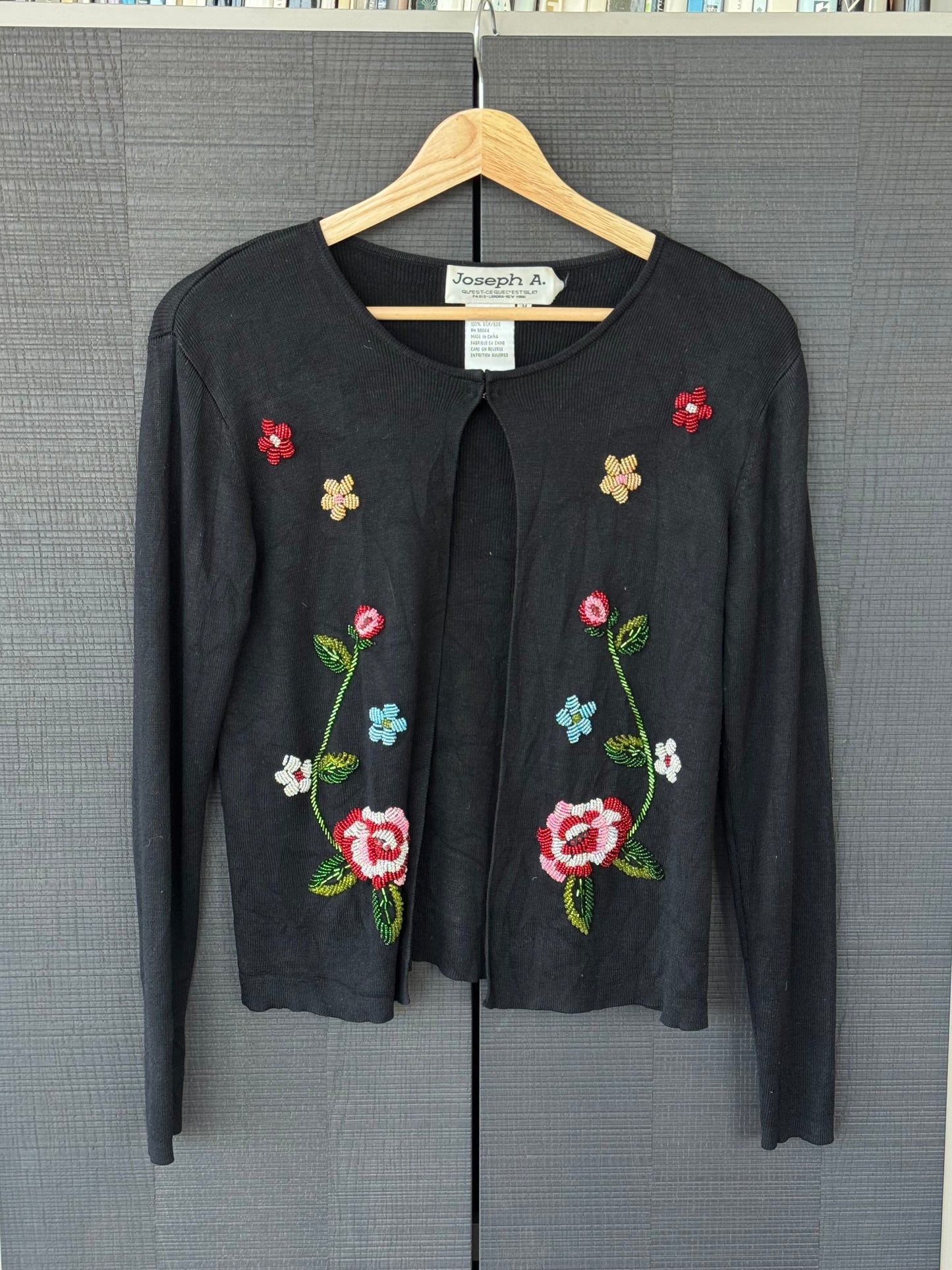 Vintage Joseph A. Beaded Floral 100% Silk Knit Cardigan
