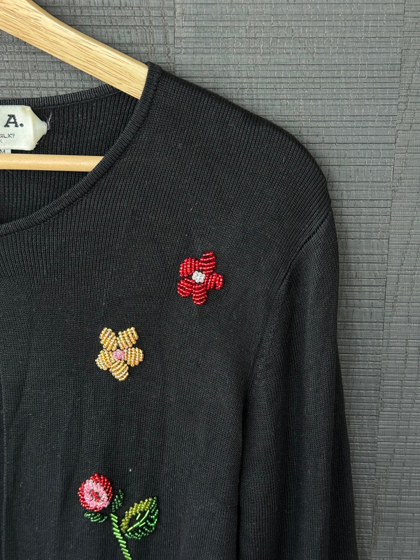 Vintage Joseph A. Beaded Floral 100% Silk Knit Cardigan