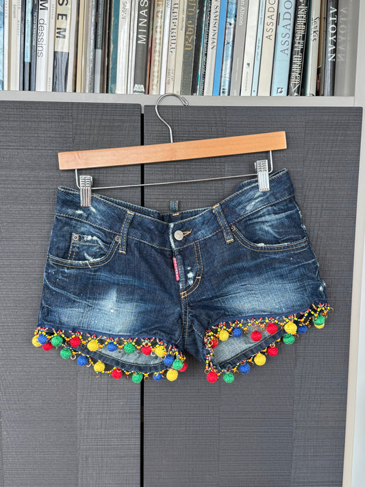Dsquared² Pom-Pom Crochet Denim Mini Shorts
