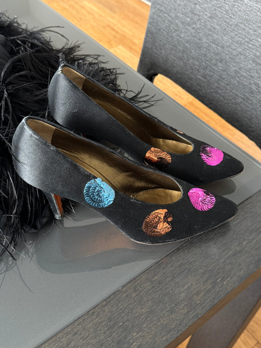 Yves Saint Laurent Vintage Silk Sequin Heels 38/38.5