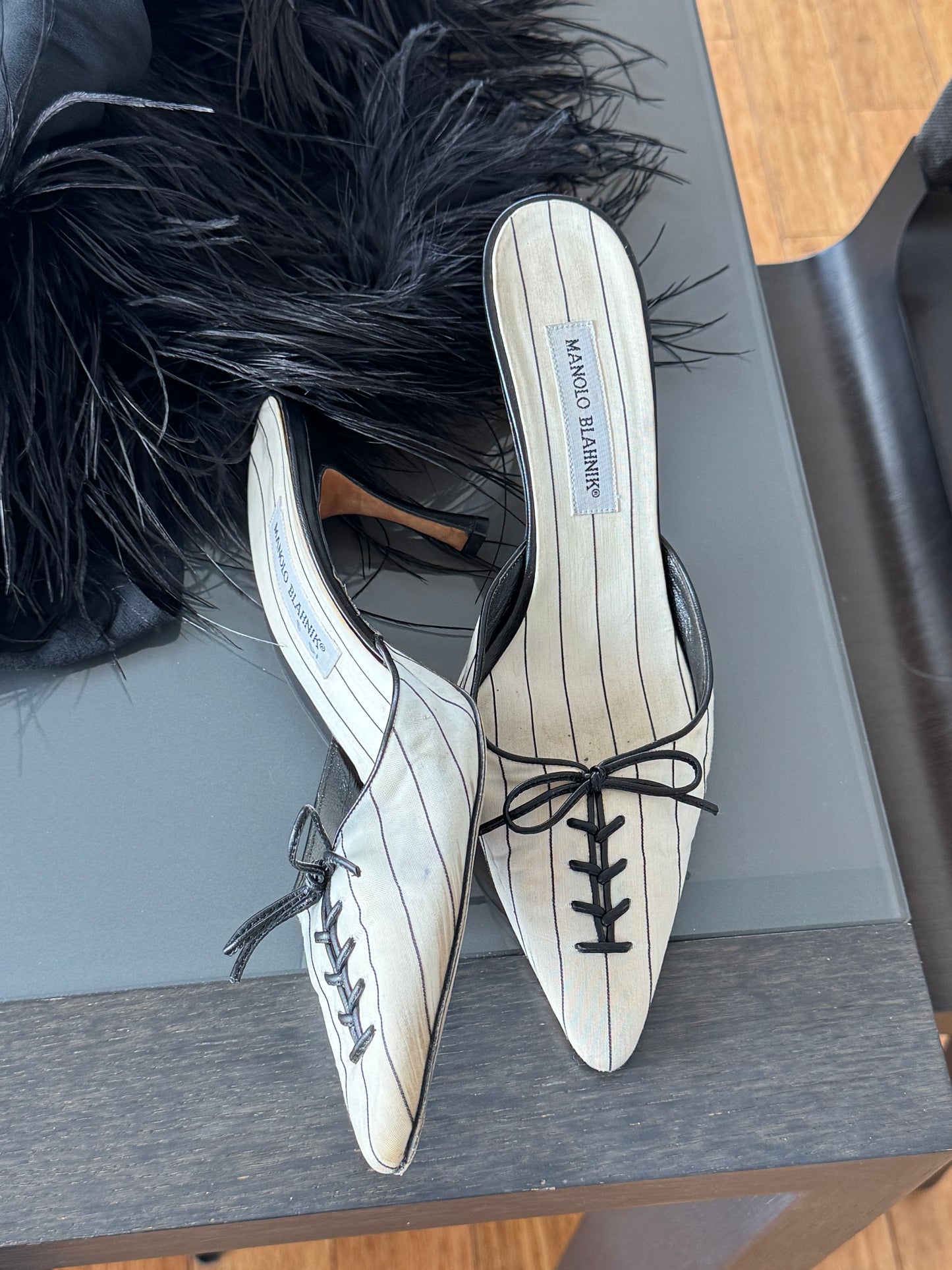 Manolo Blahnik 1990s Baseball Kitten Heel Mules 40.5, Run Small