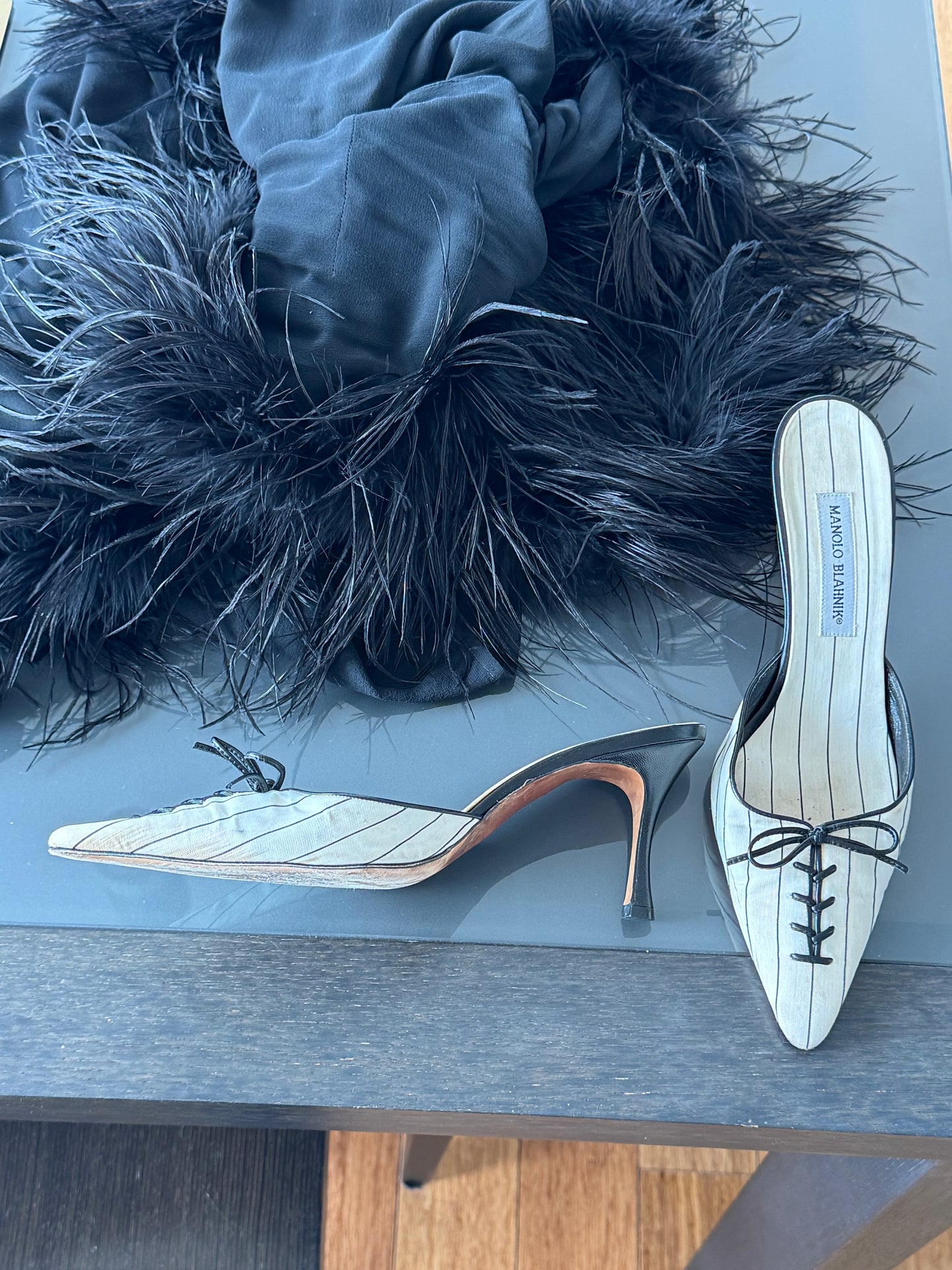 Manolo Blahnik 1990s Baseball Kitten Heel Mules 40.5, Run Small