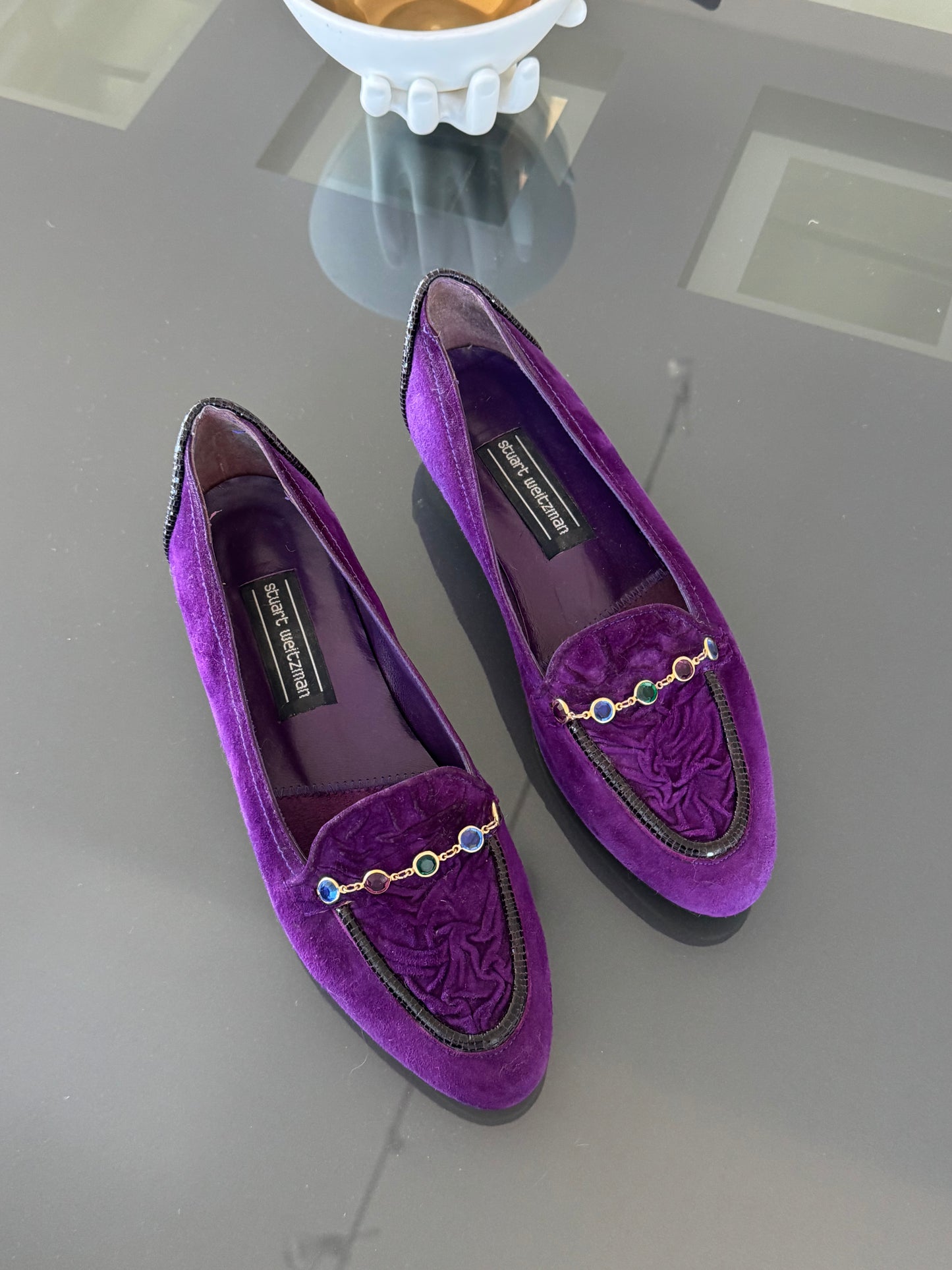 Stuart Weitzman 1990s Purple Velvet Gem Chain Loafers 38