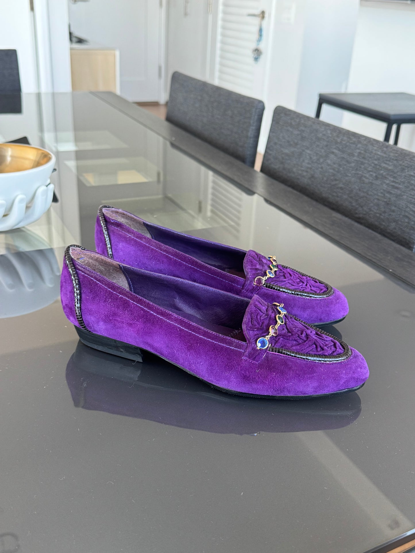 Stuart Weitzman 1990s Purple Velvet Gem Chain Loafers 38