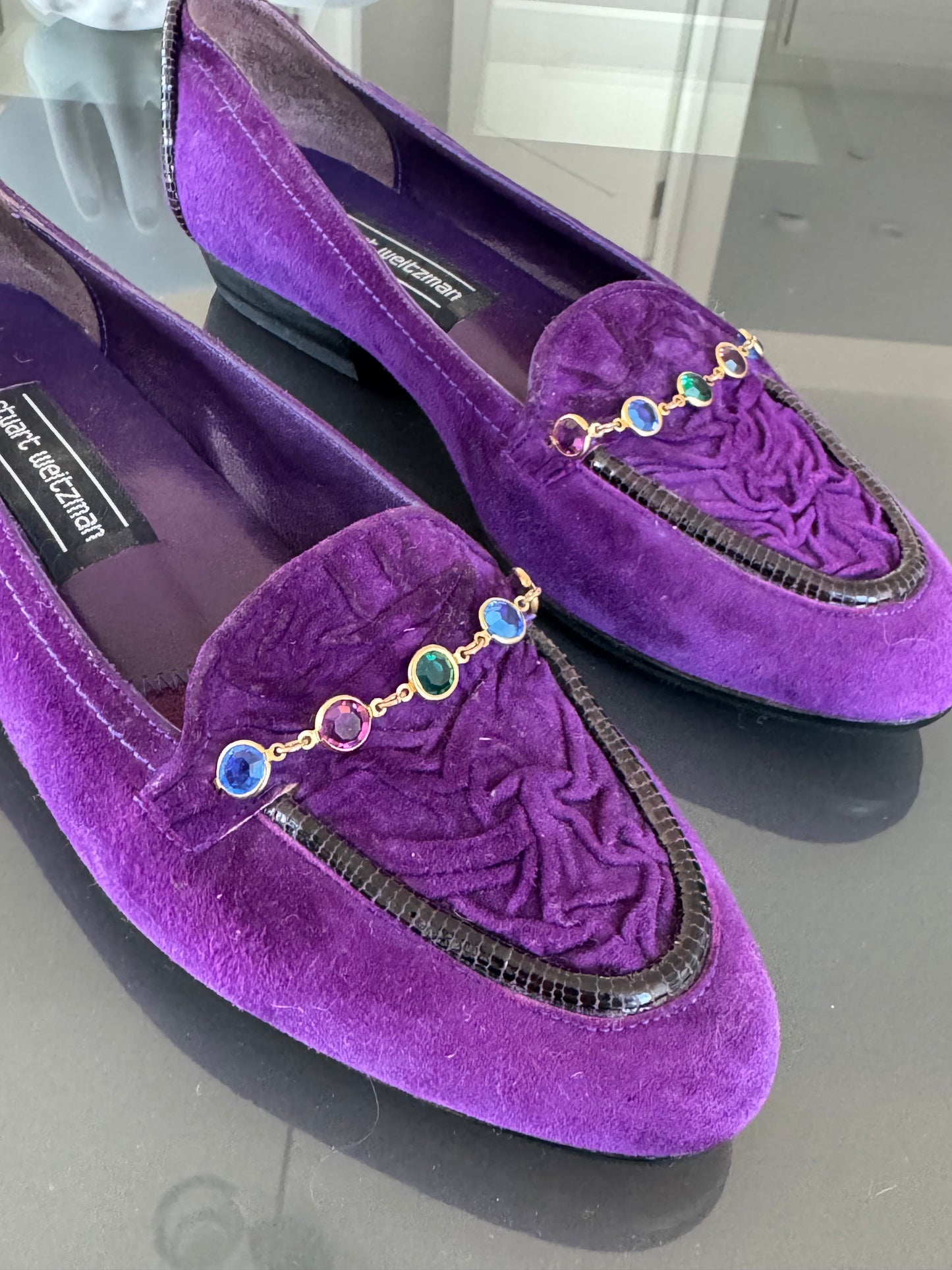 Stuart Weitzman 1990s Purple Velvet Gem Chain Loafers 38