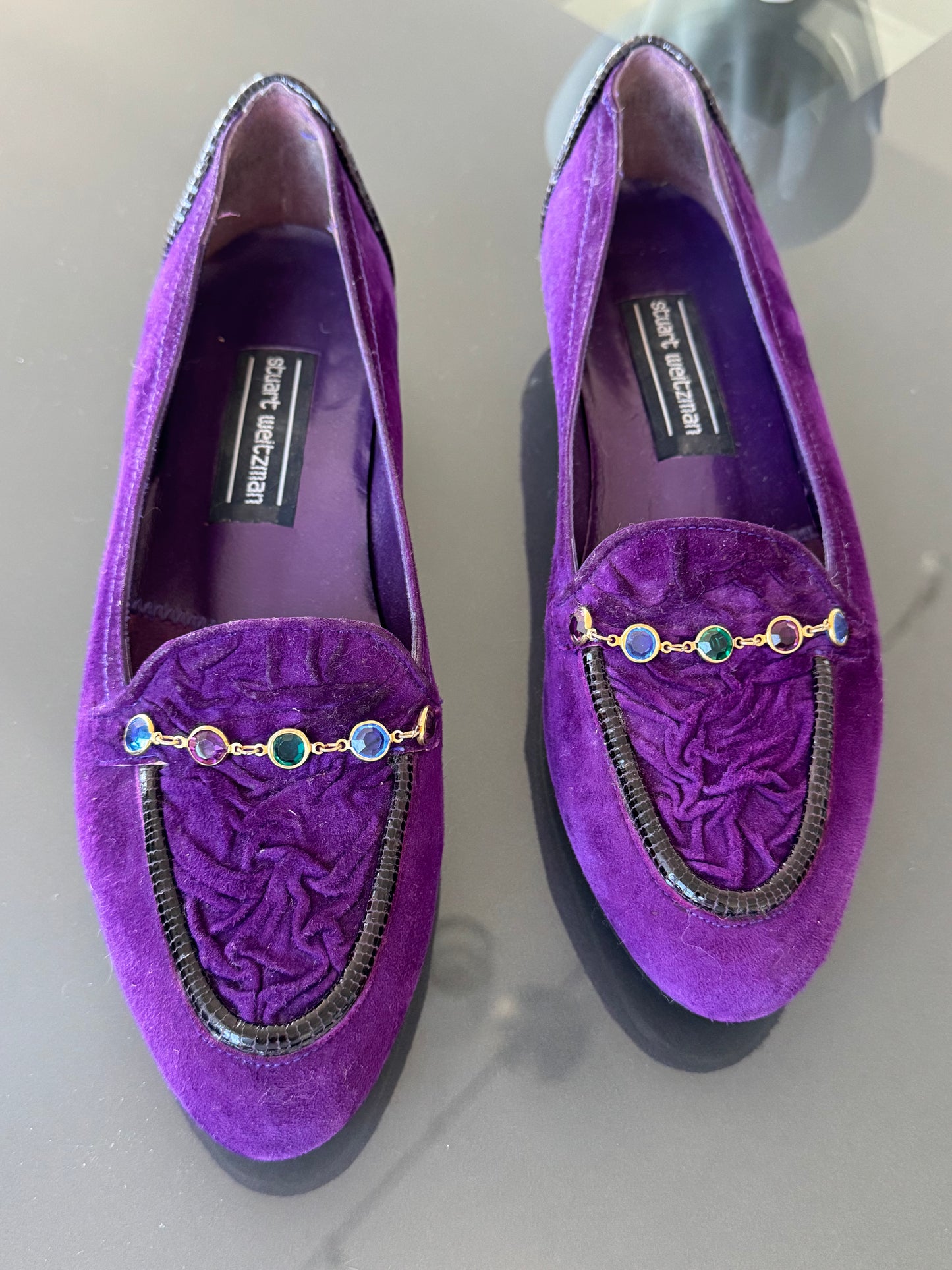 Stuart Weitzman 1990s Purple Velvet Gem Chain Loafers 38