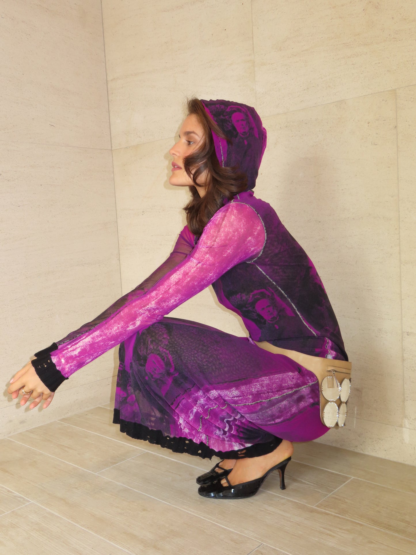 Jean Paul Gaultier c. 1998 Photo-Print Mesh Hooded Maxi Dress