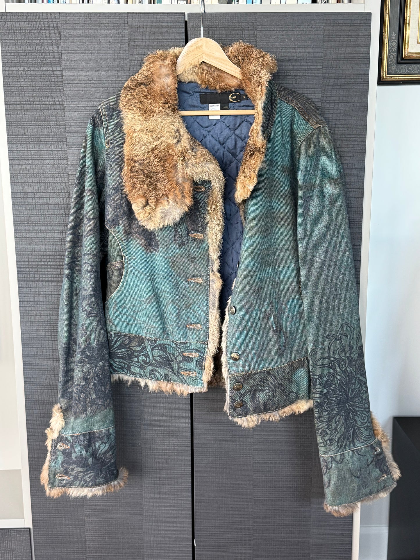 Just Cavalli Vintage Tattoo Denim Jacket Lined w/ Fur