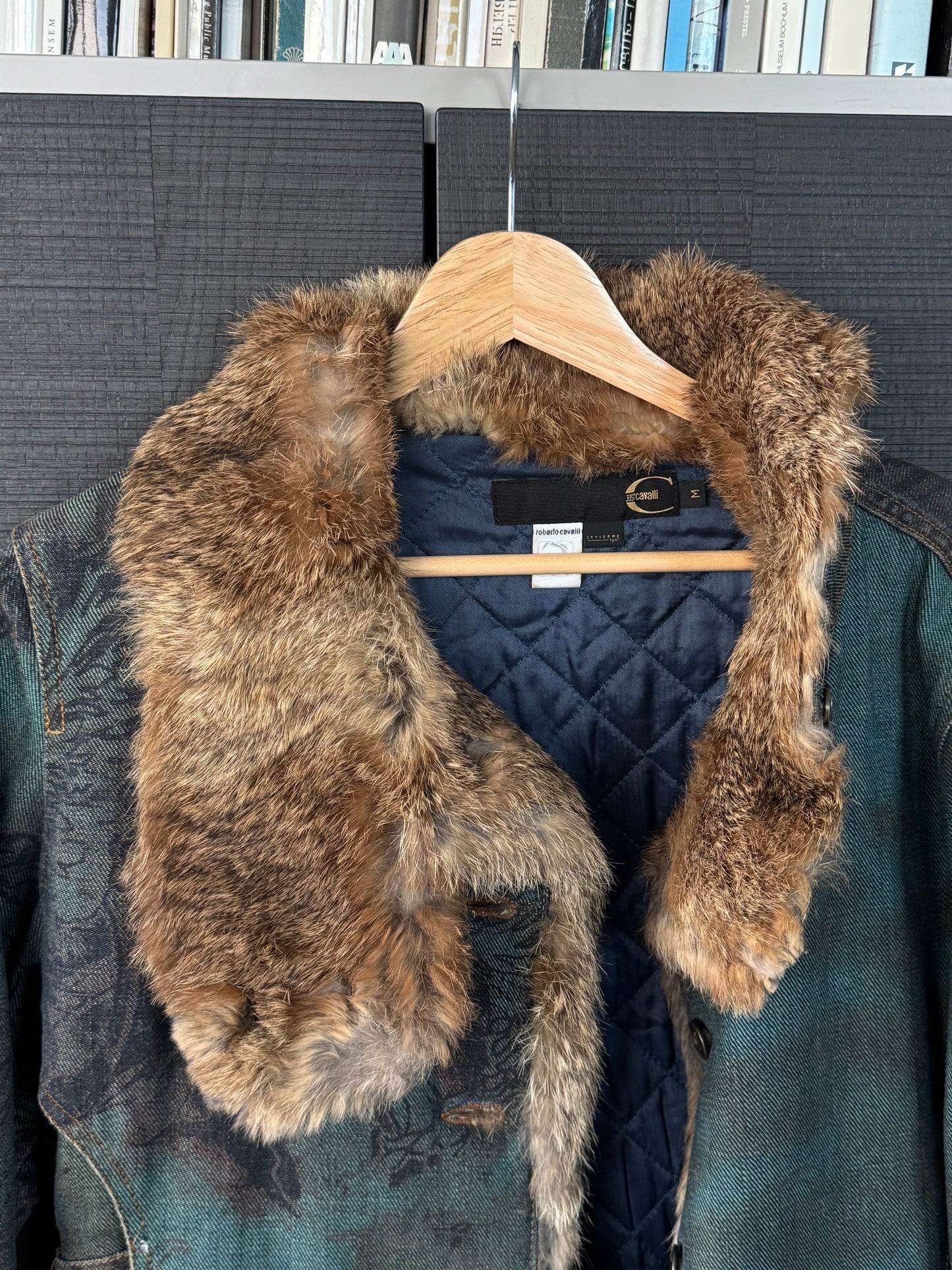 Just Cavalli Vintage Tattoo Denim Jacket Lined w/ Fur