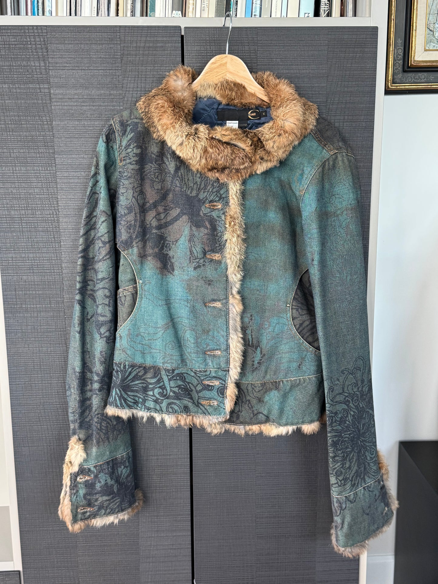 Just Cavalli Vintage Tattoo Denim Jacket Lined w/ Fur