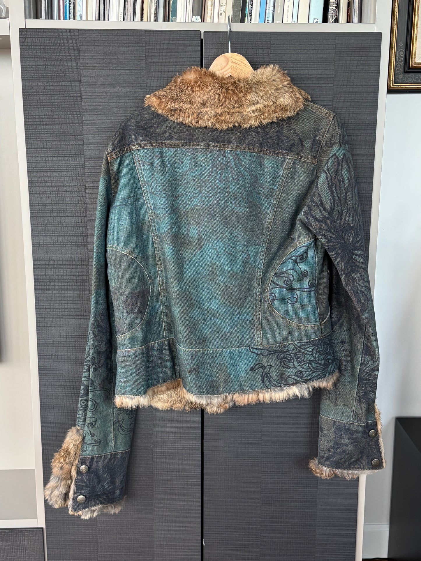Just Cavalli Vintage Tattoo Denim Jacket Lined w/ Fur