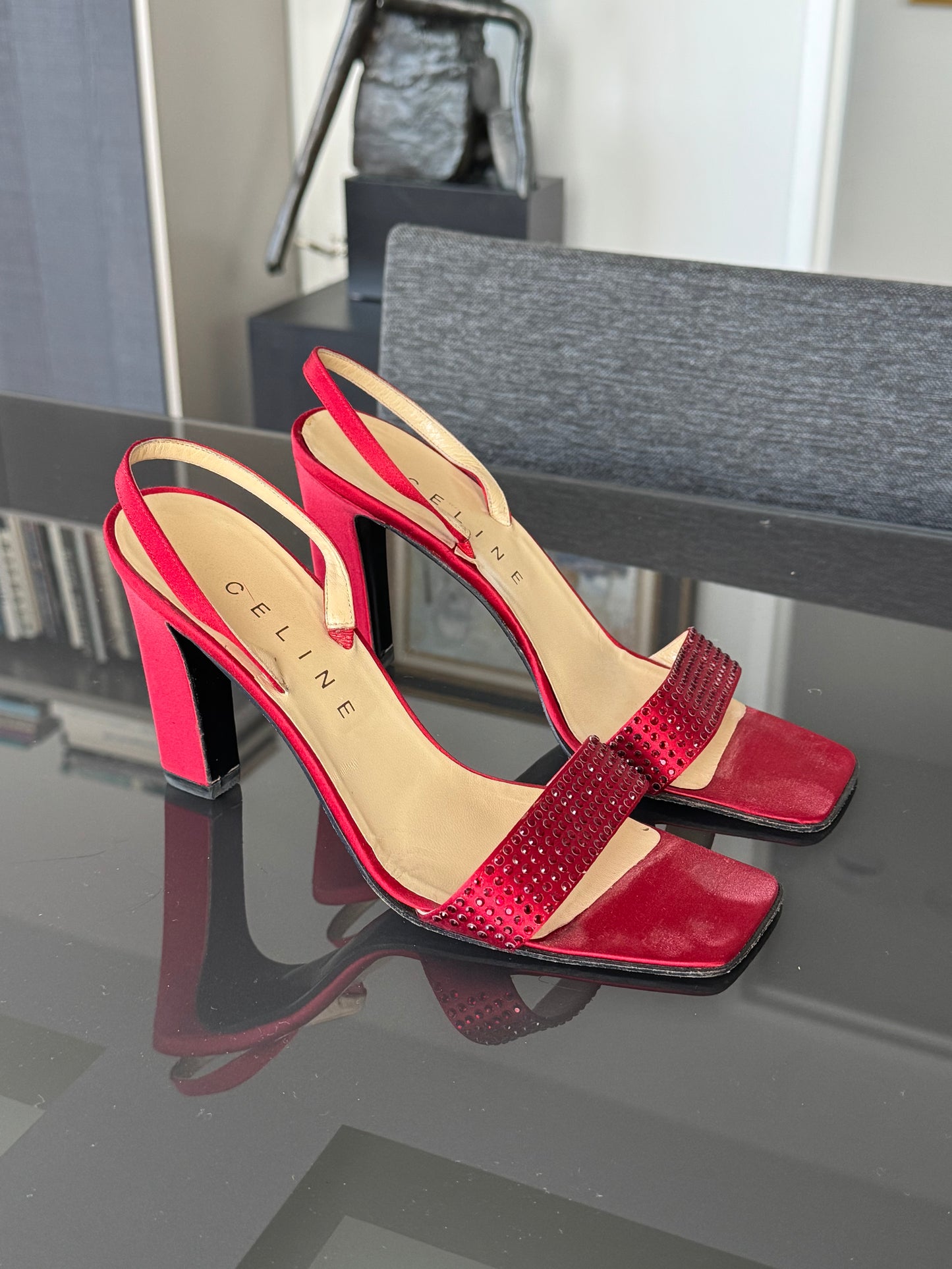 Vintage Celine Red Crystal Slingback Heels 40