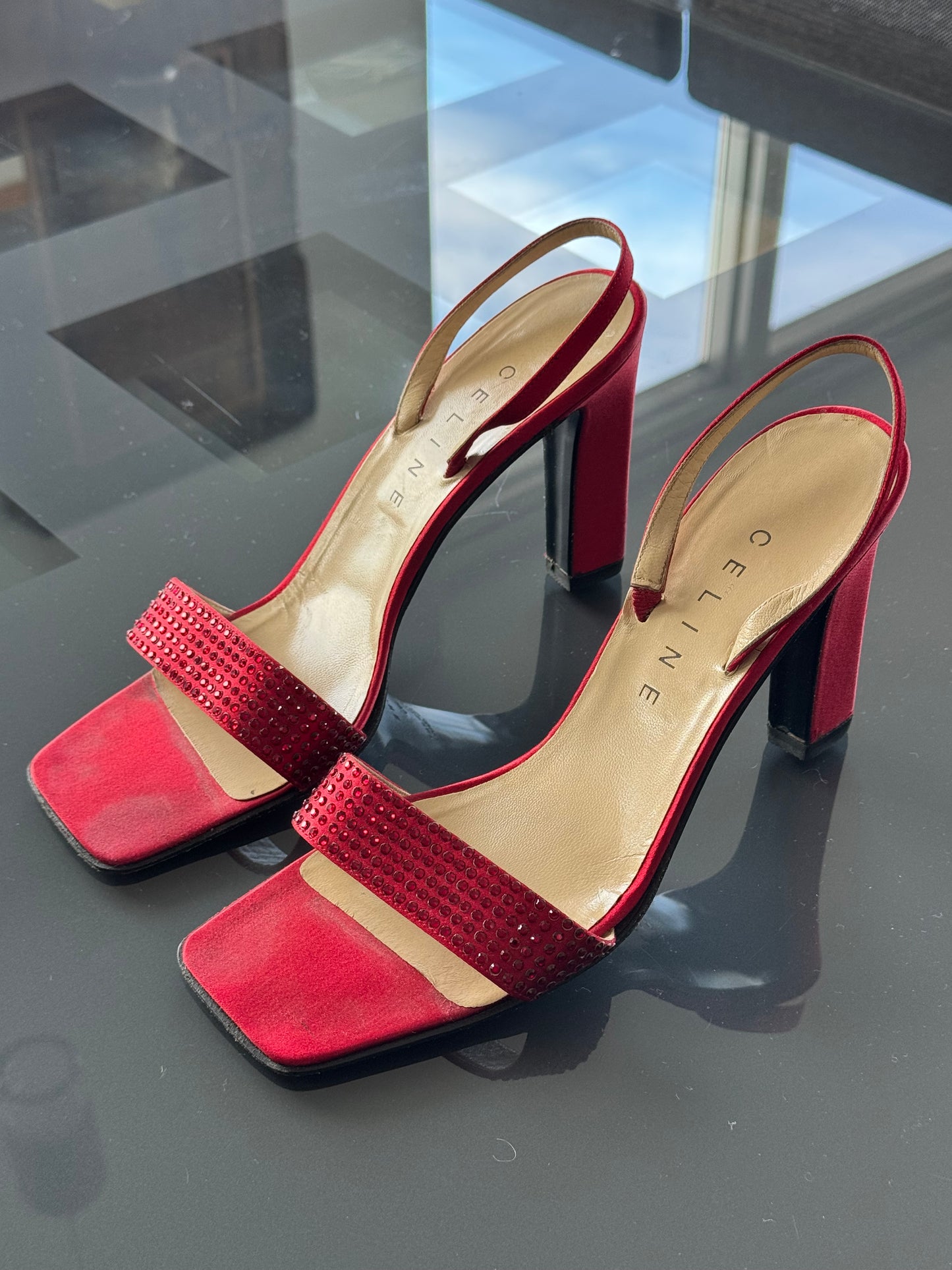 Vintage Celine Red Crystal Slingback Heels 40