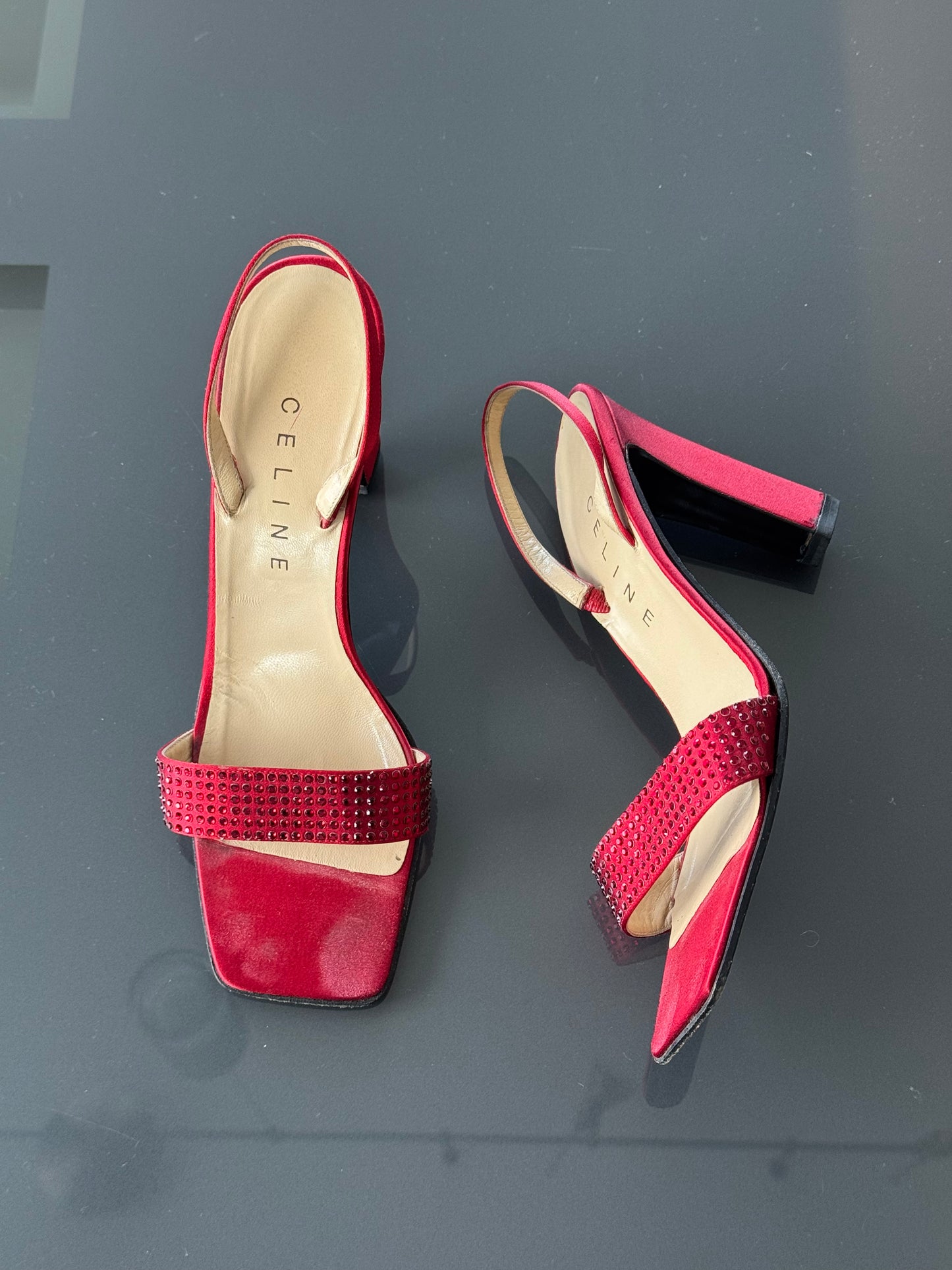 Vintage Celine Red Crystal Slingback Heels 40
