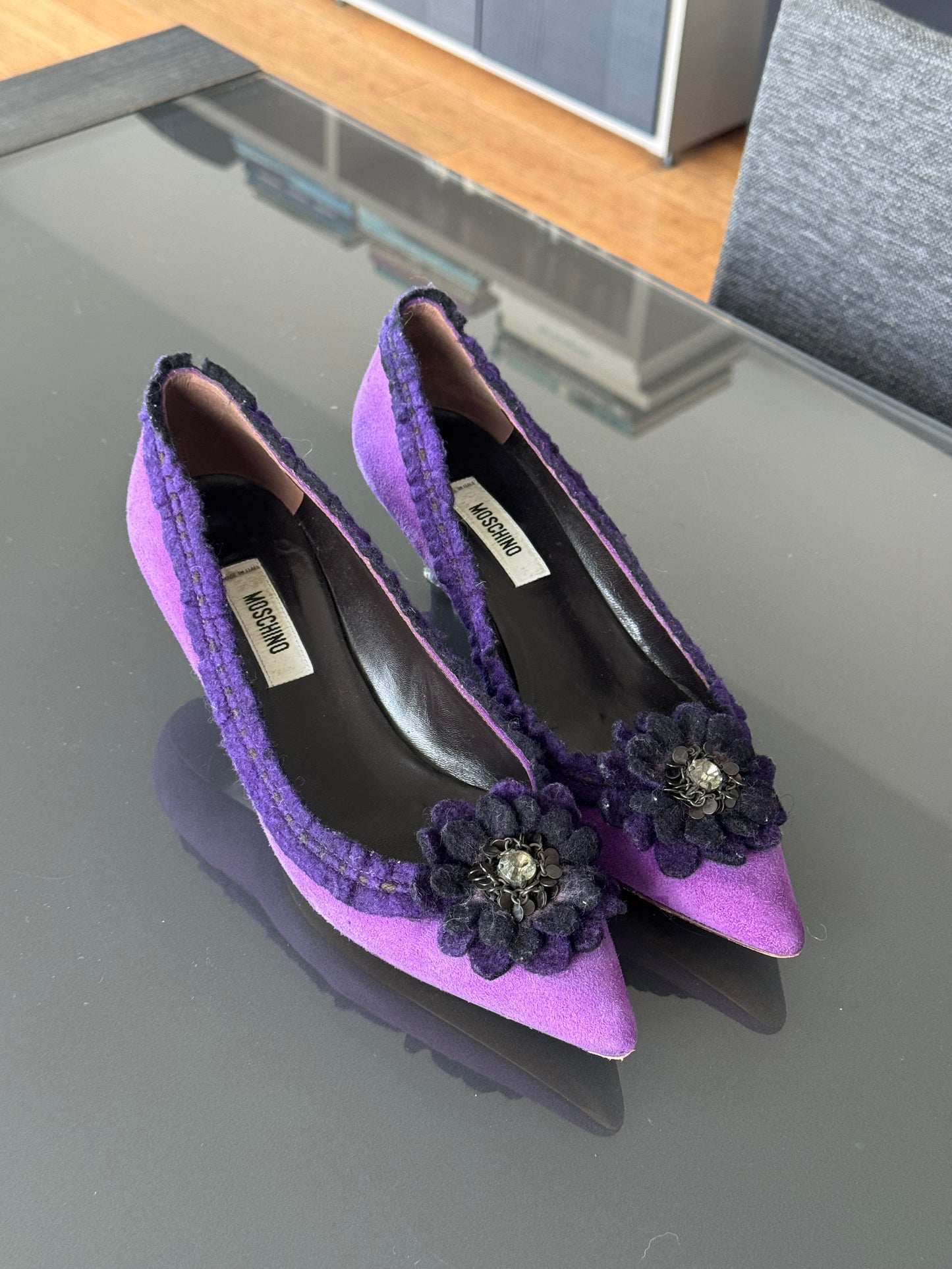 Vintage Moschino Purple Suede Floral Kitten Heels 36.5/37