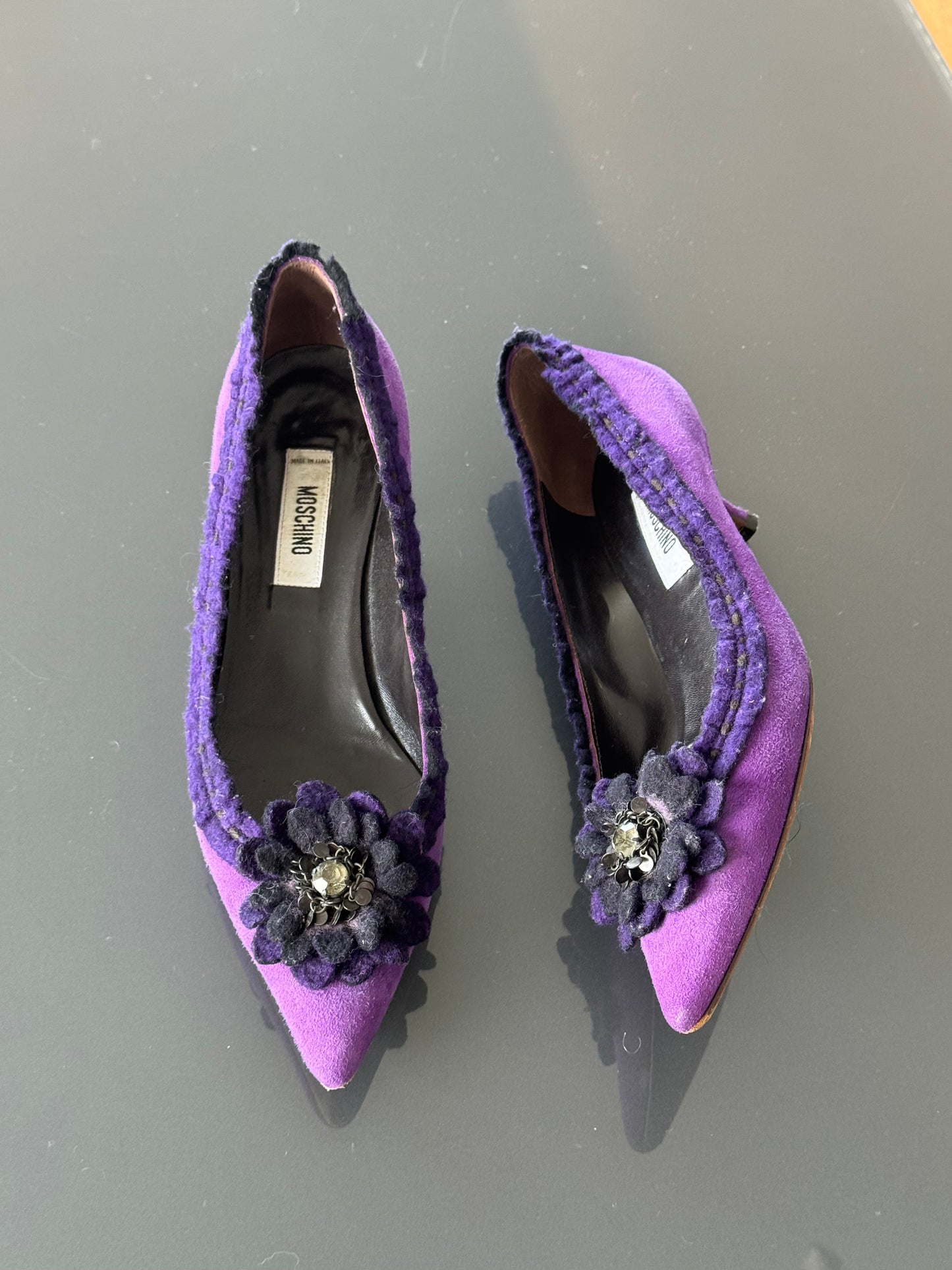 Vintage Moschino Purple Suede Floral Kitten Heels 36.5/37
