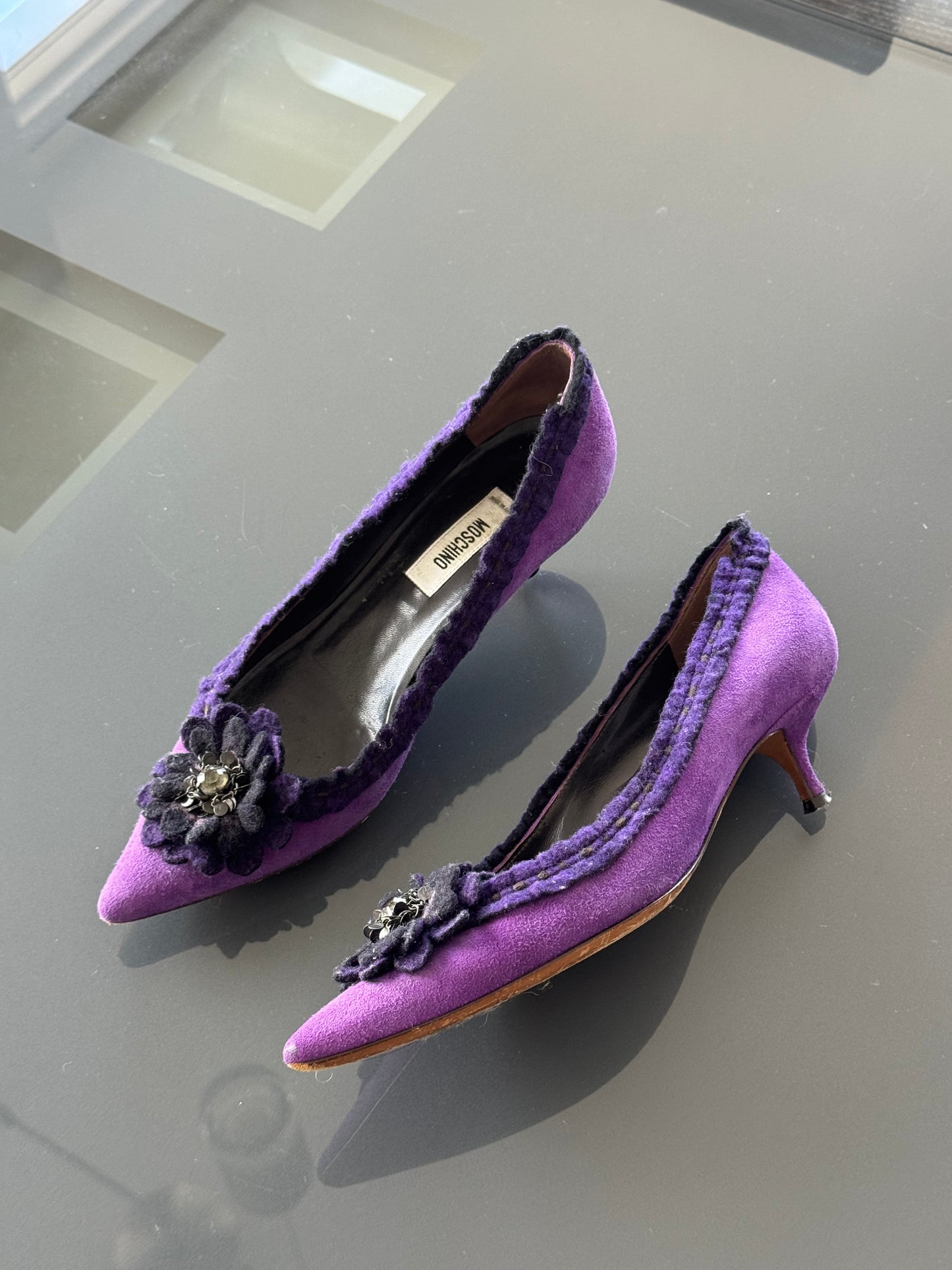 Vintage Moschino Purple Suede Floral Kitten Heels 36.5/37