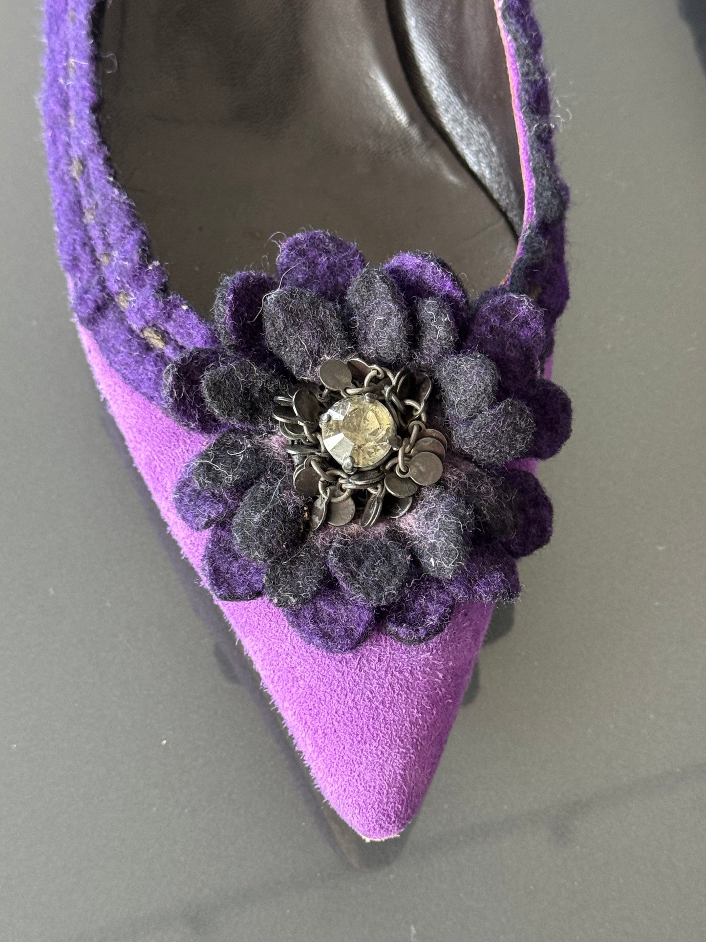 Vintage Moschino Purple Suede Floral Kitten Heels 36.5/37