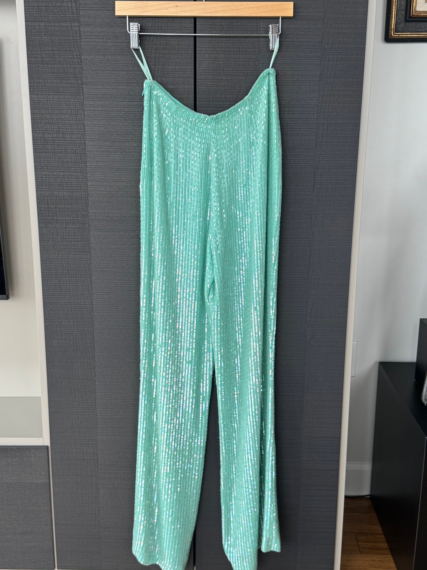 Escada Turquoise Sequin Wide-Leg Pants