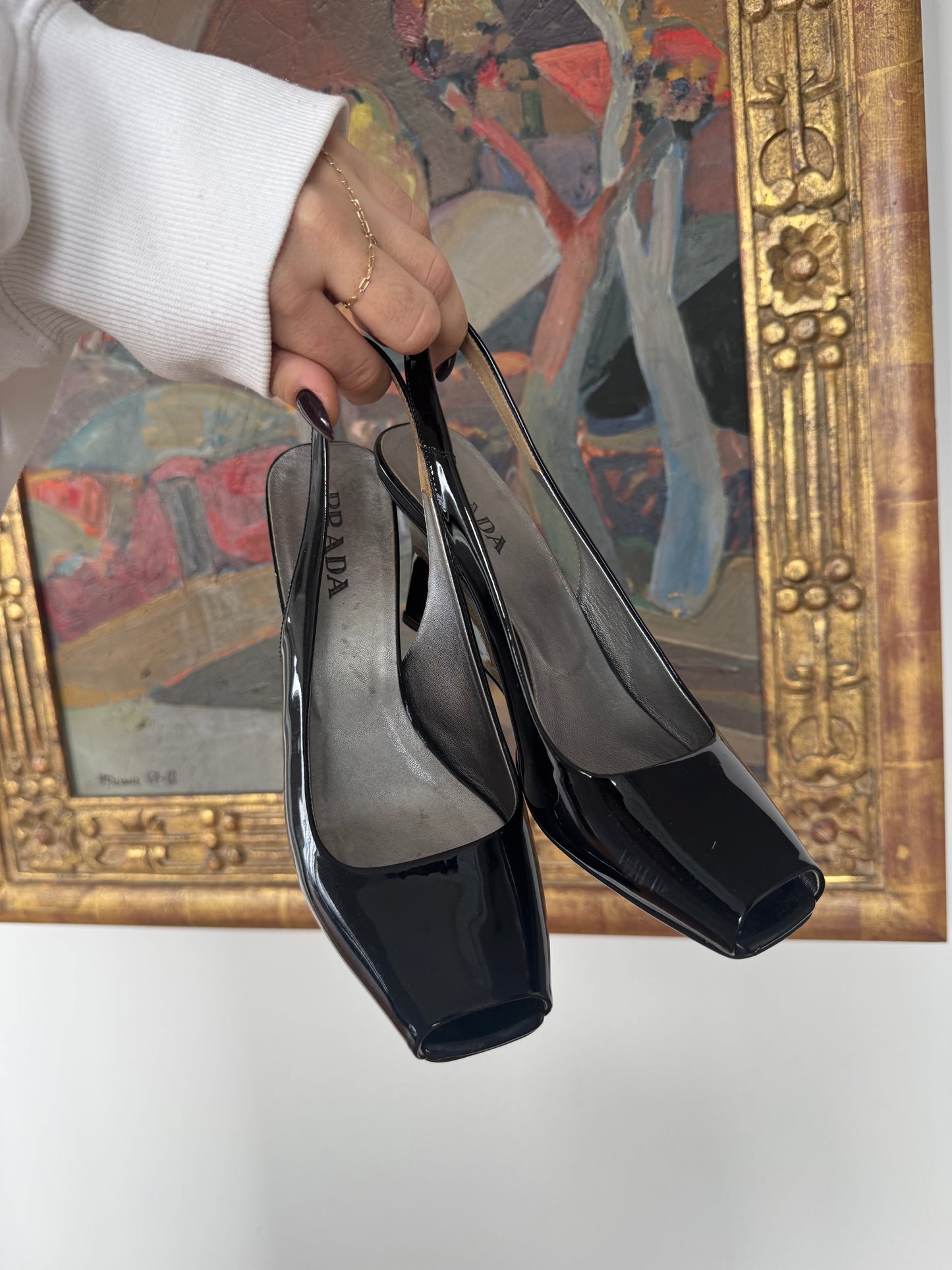 Prada Black Patent Peep-Toe Slingback Wedges 36