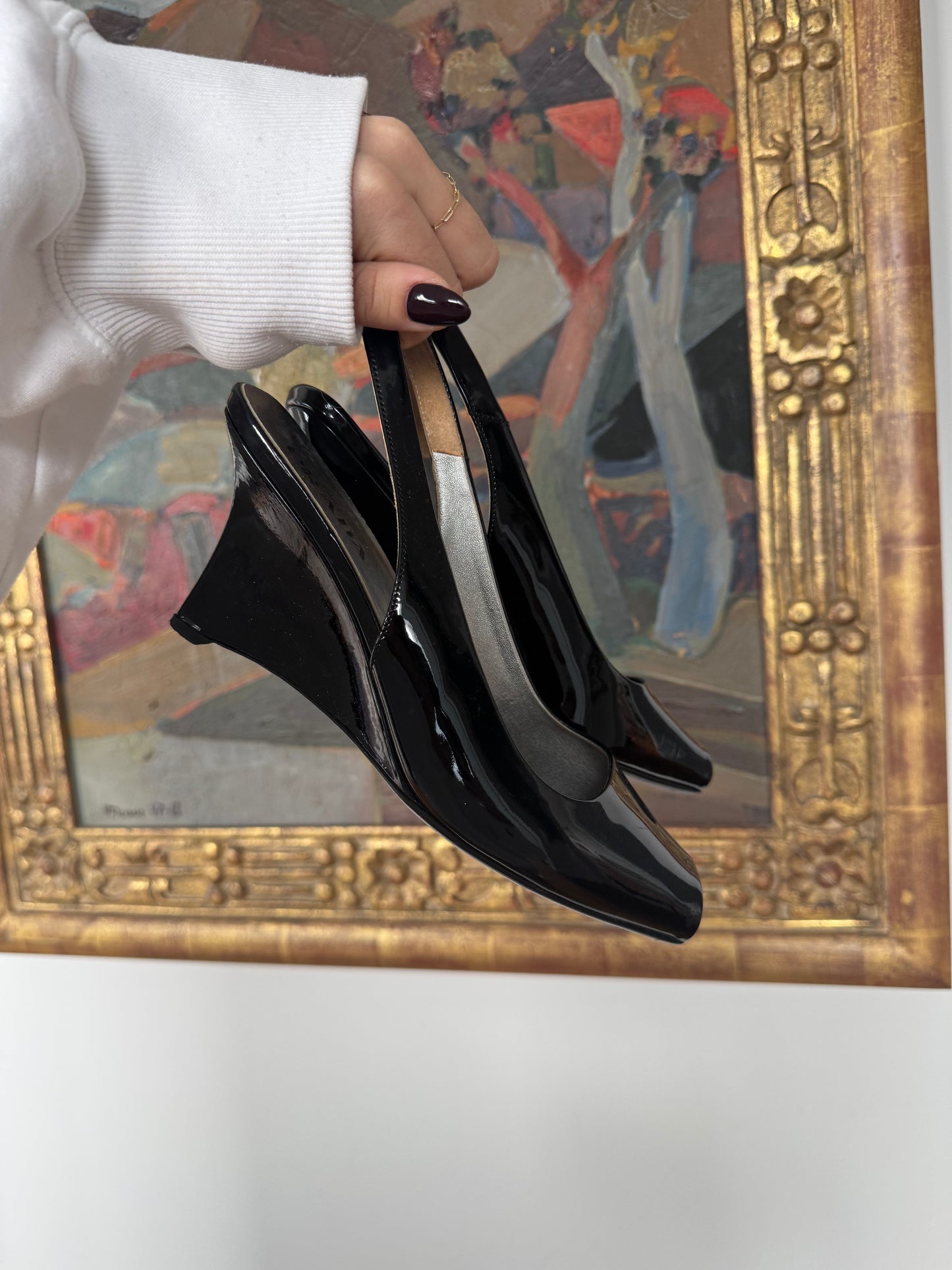 Prada Black Patent Peep-Toe Slingback Wedges 36