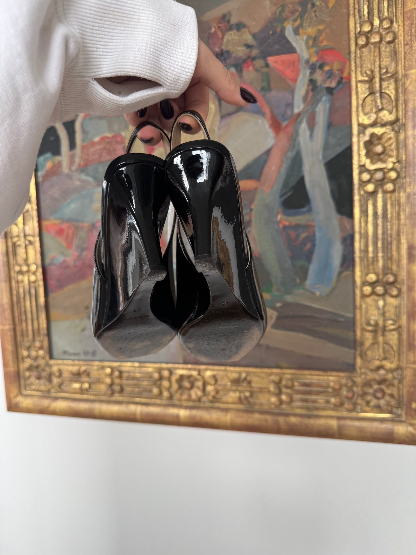 Prada Black Patent Peep-Toe Slingback Wedges 36