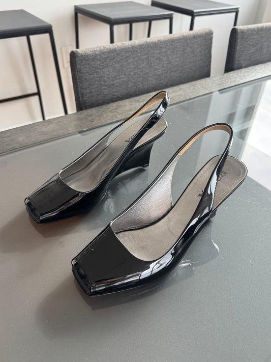 Prada Black Patent Peep-Toe Slingback Wedges 36