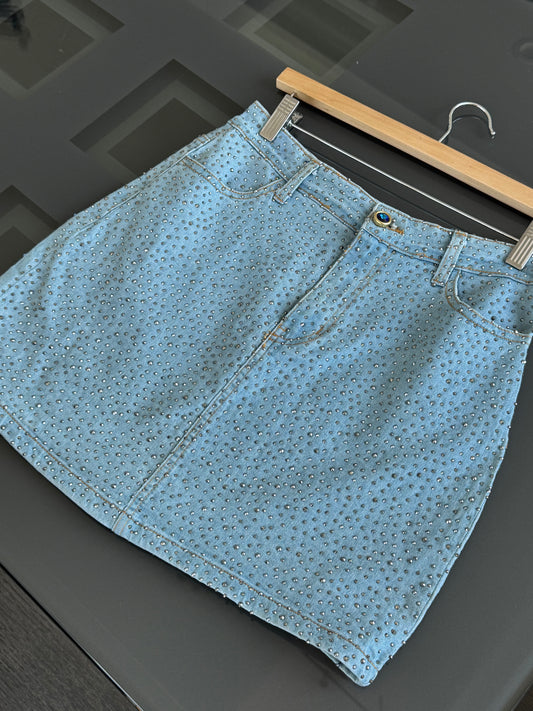Vintage Paco Rabanne Rhinestone Studded Denim Mini Skirt