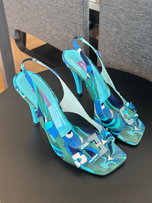 Vintage Emilio Pucci Silk Slingback Sandals with Crystals 38