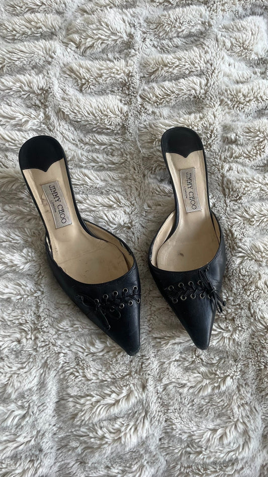 Jimmy Choo Black Lace-up Kitten Mules 37.5