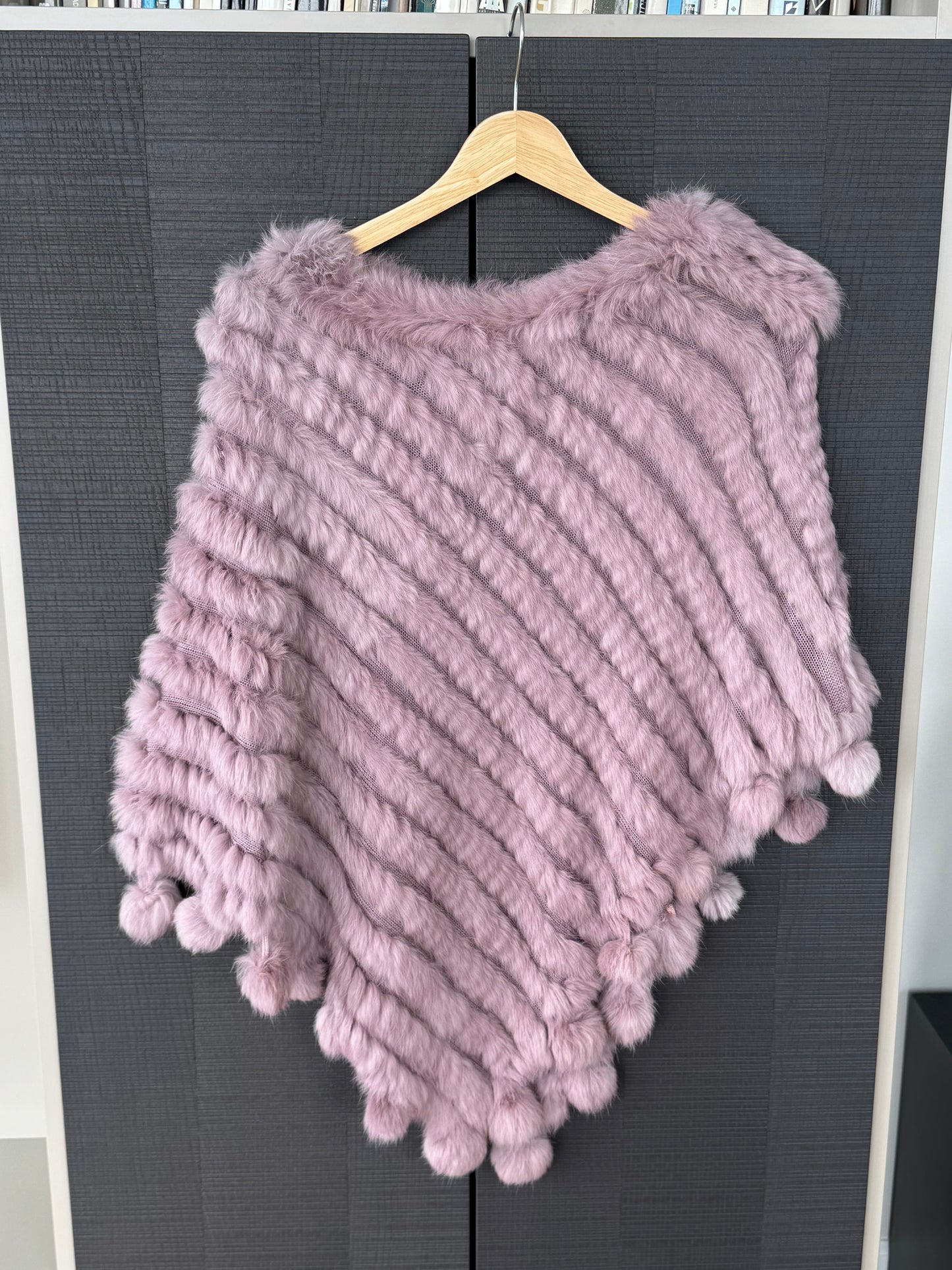 Jay Ley Collection Rabbit Fur Pom-Pom Poncho