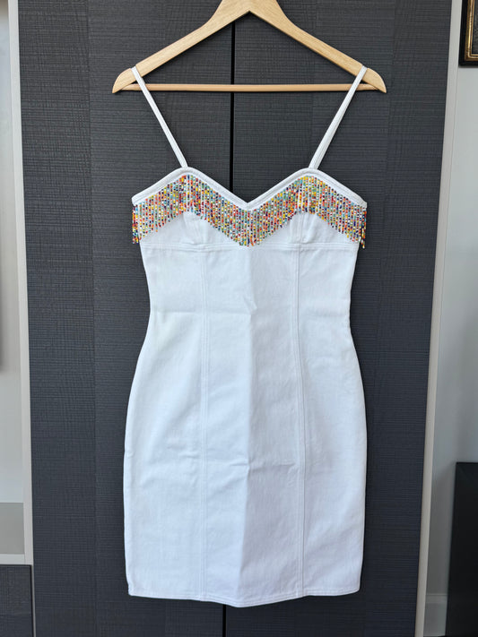 Vintage Moschino Jeans Beaded White Denim Mini Dress